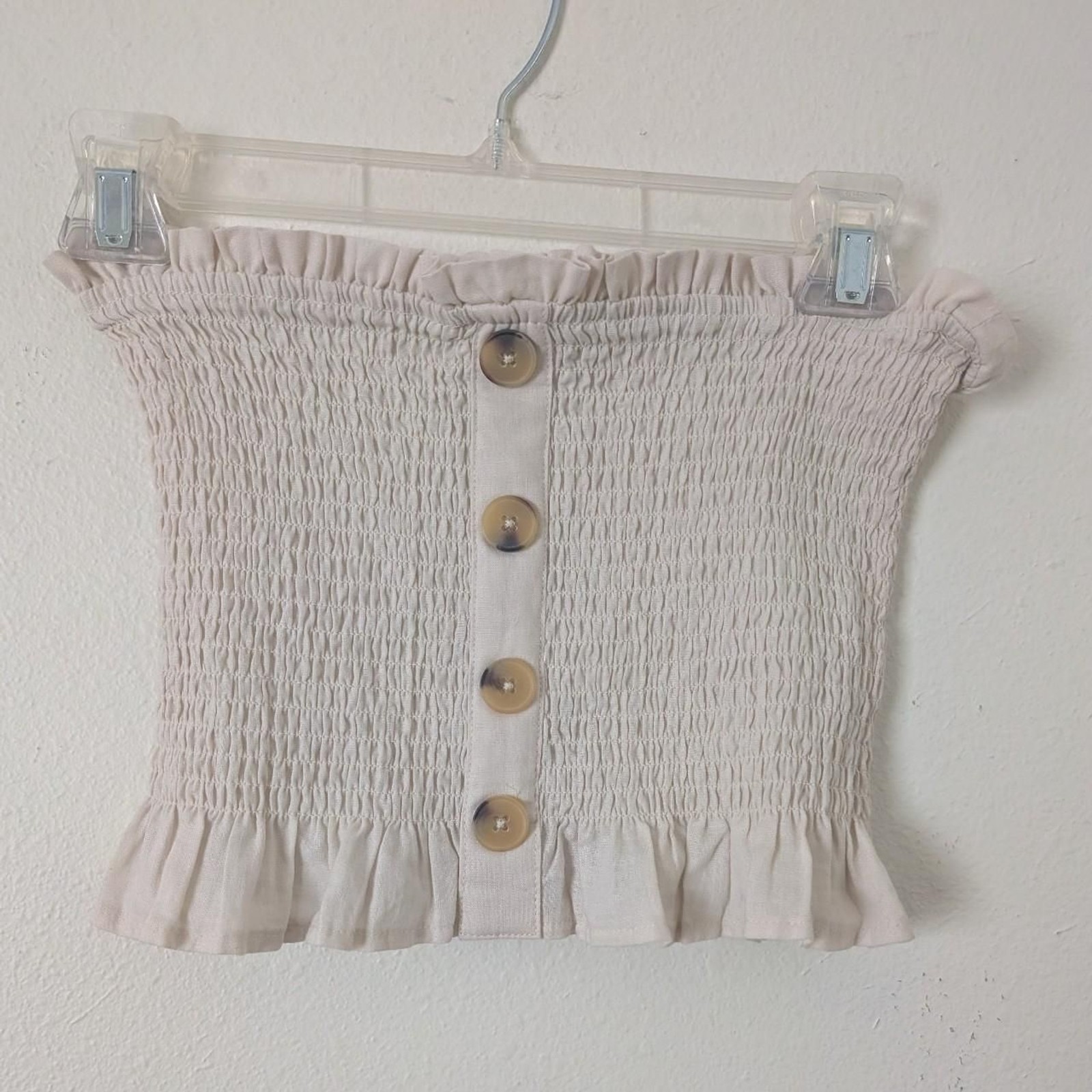 PacSun LA Hearts Smocked Ruffled Tube Top, Linen Blend, Size Small Natural Beige