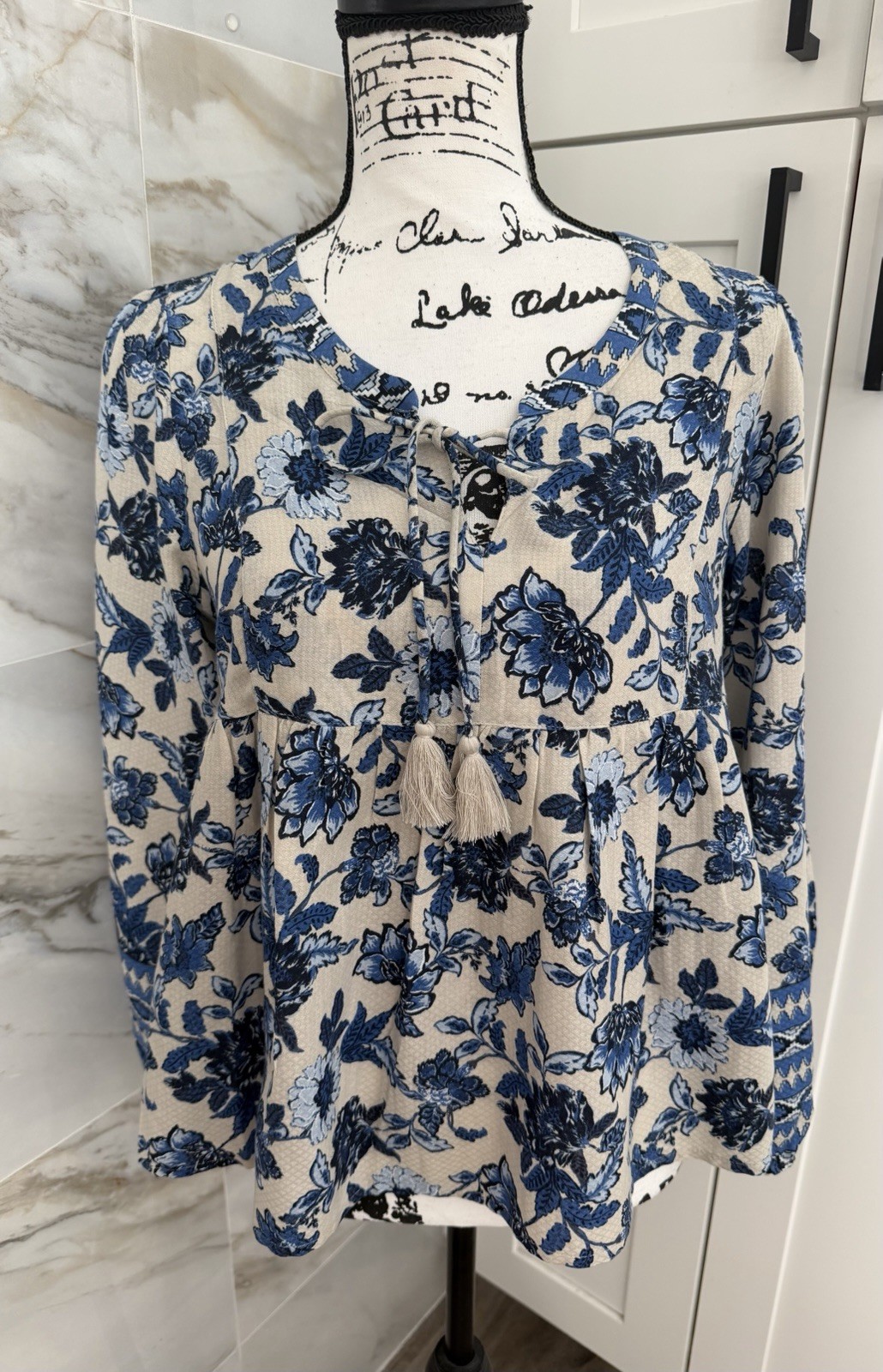 Lucky Brand Blue Floral Peasant Boho Blouse Tassel Babydoll S Balloon Sleeves