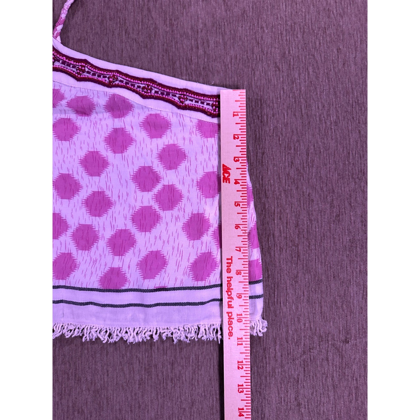 Zara Pink Ikat Print Beaded Halter Crop Top Fringe Hem Boho Womens Small