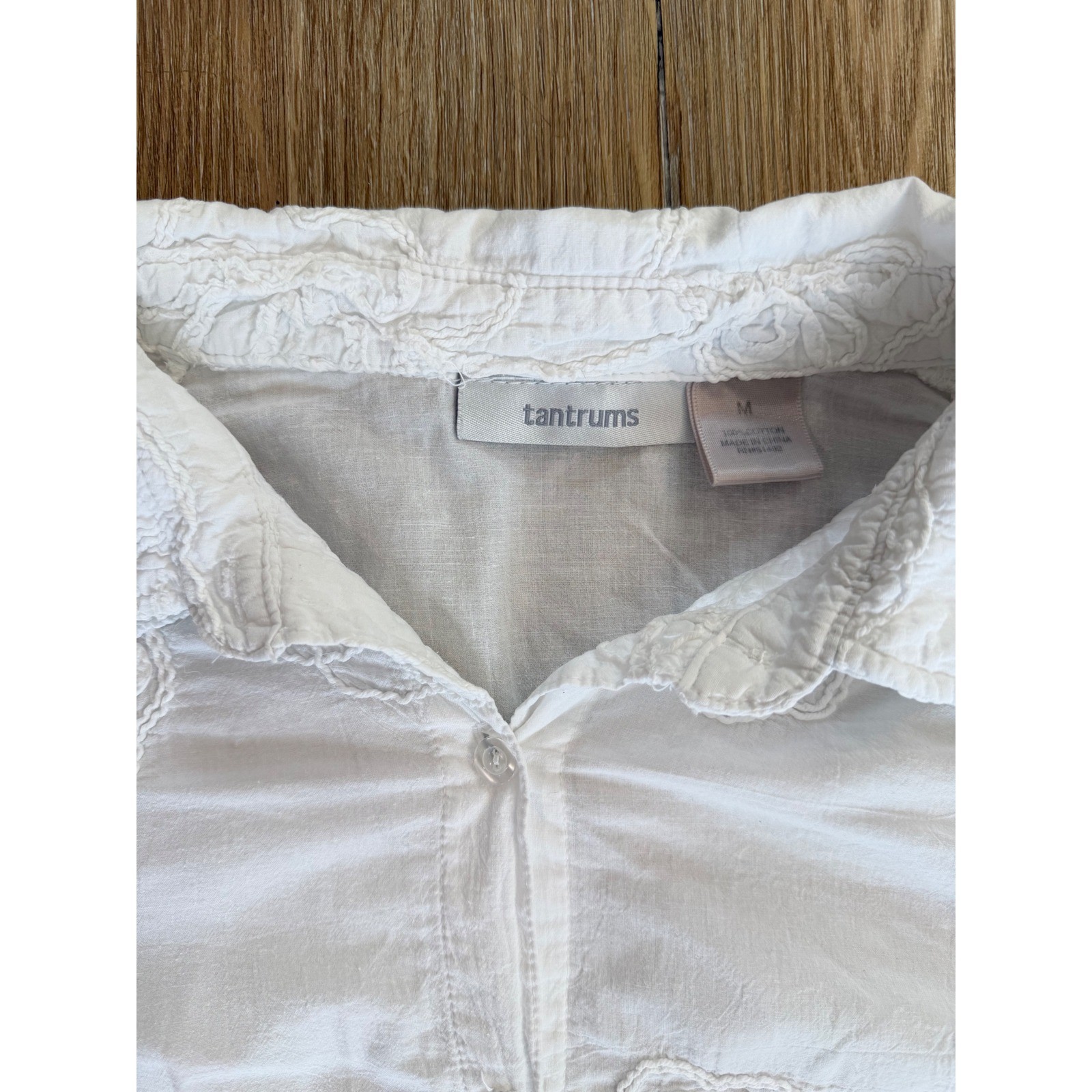 Floral Embroidered Button Down Shirt Womens M White Boho Cotton Cottagecore