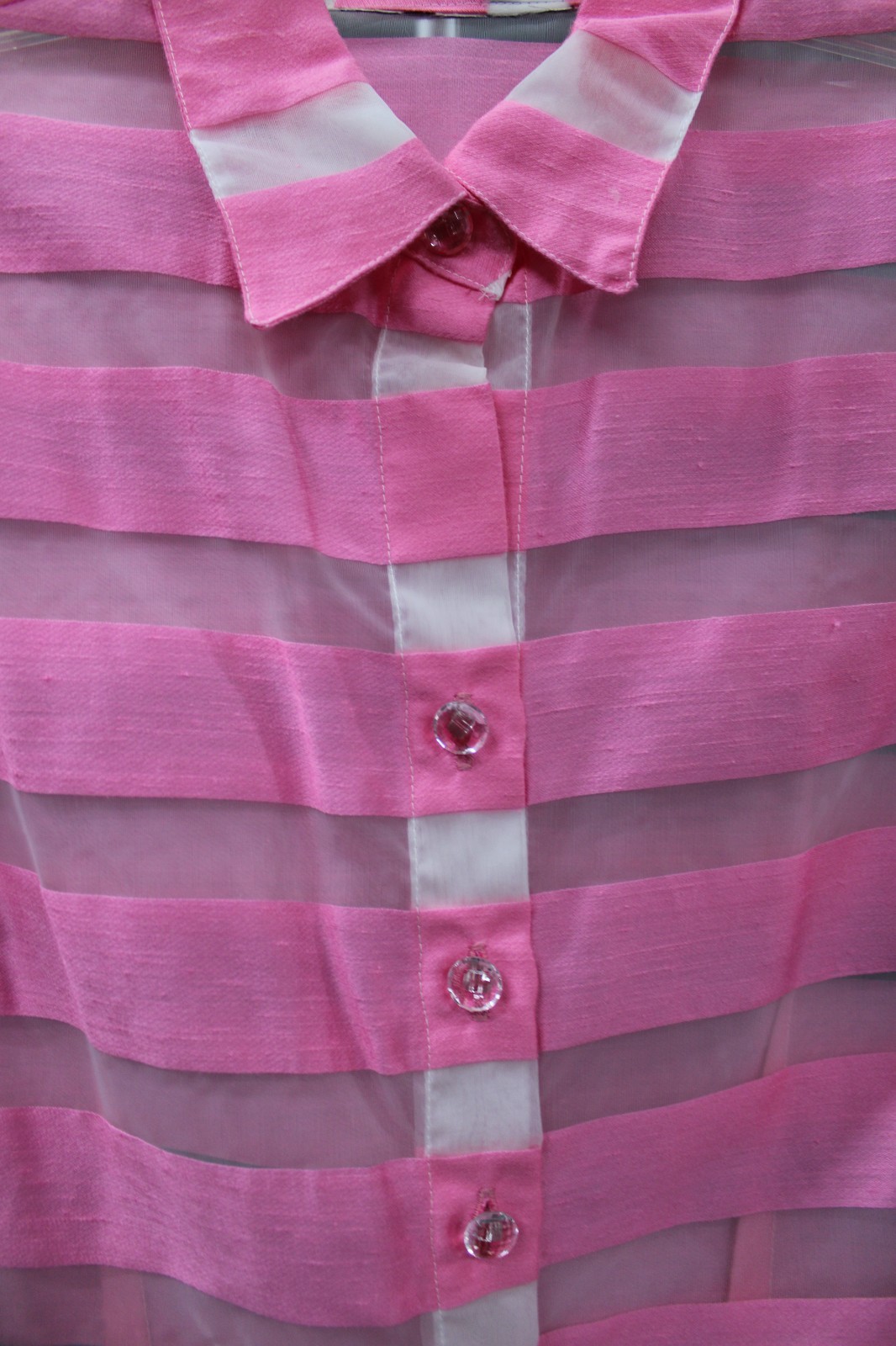Victoria Pappas Candy Pink & Clear Striped Long Sleeve Blouse