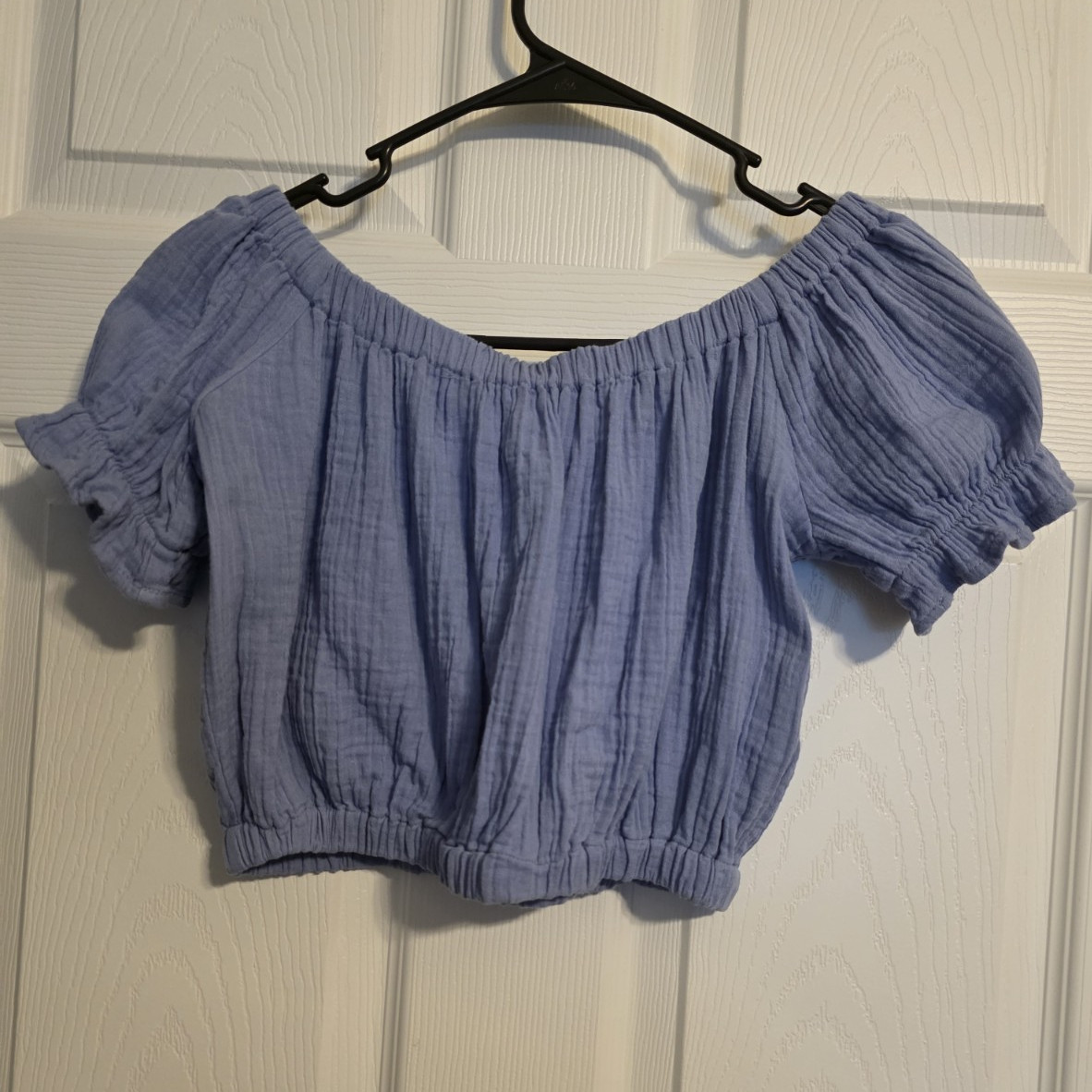 Salty Lemon Blue Solid Off-the-Shoulder Ruffle Puff Sleeve Cropped Blouse S