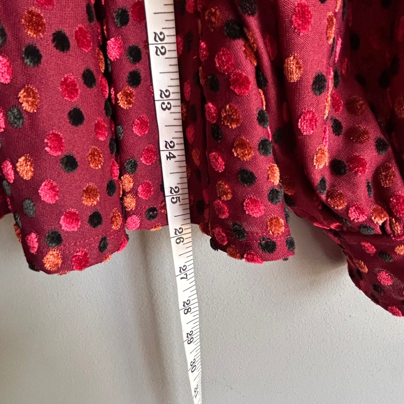 Lane Bryant Velvet Flocked Polka Dot Blouse Red Square Neck Bishop Sleeve 14/16