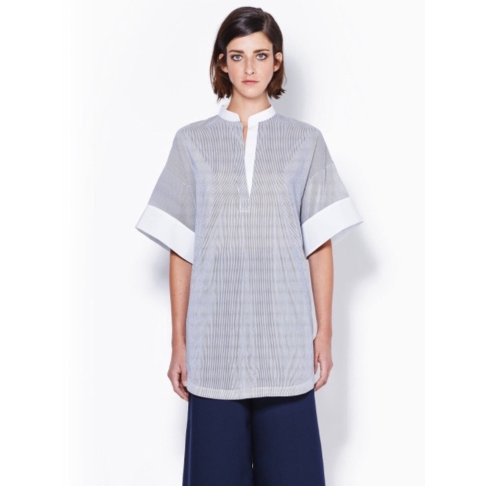 3.1 Phillip Lim Blue Gray Pinstripe Tunic with White Trim