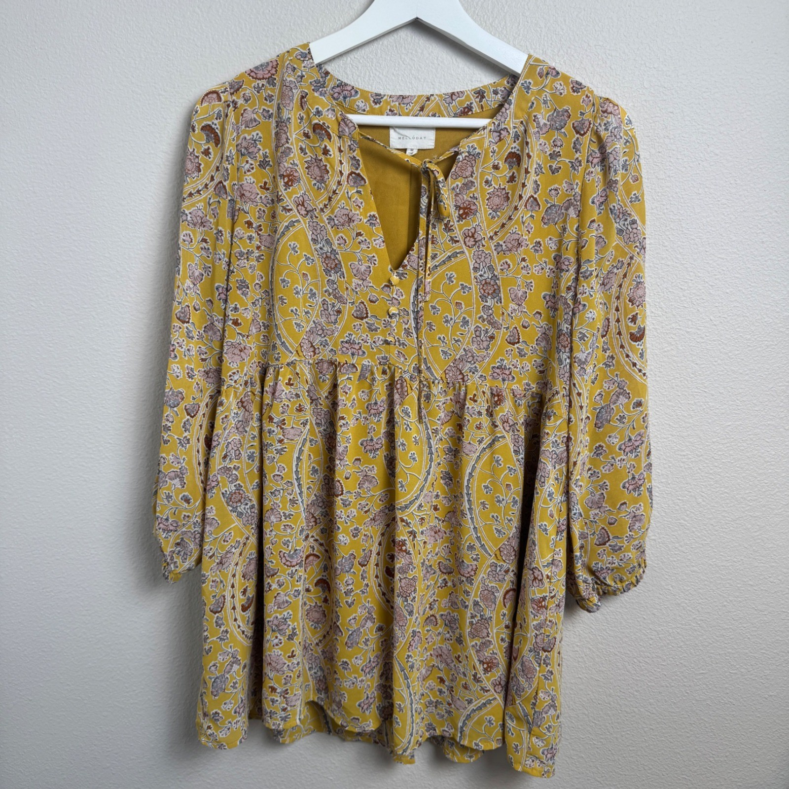 Melloday Mustard Yellow Floral Paisley Babydoll Tunic Top Boho Flowy Womens M