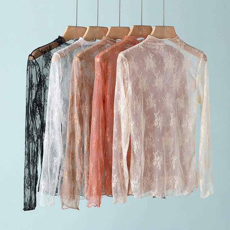 Sexy Women Mesh T-Shirts Transparent Lace Blouse Long Sleeve See Through Tops