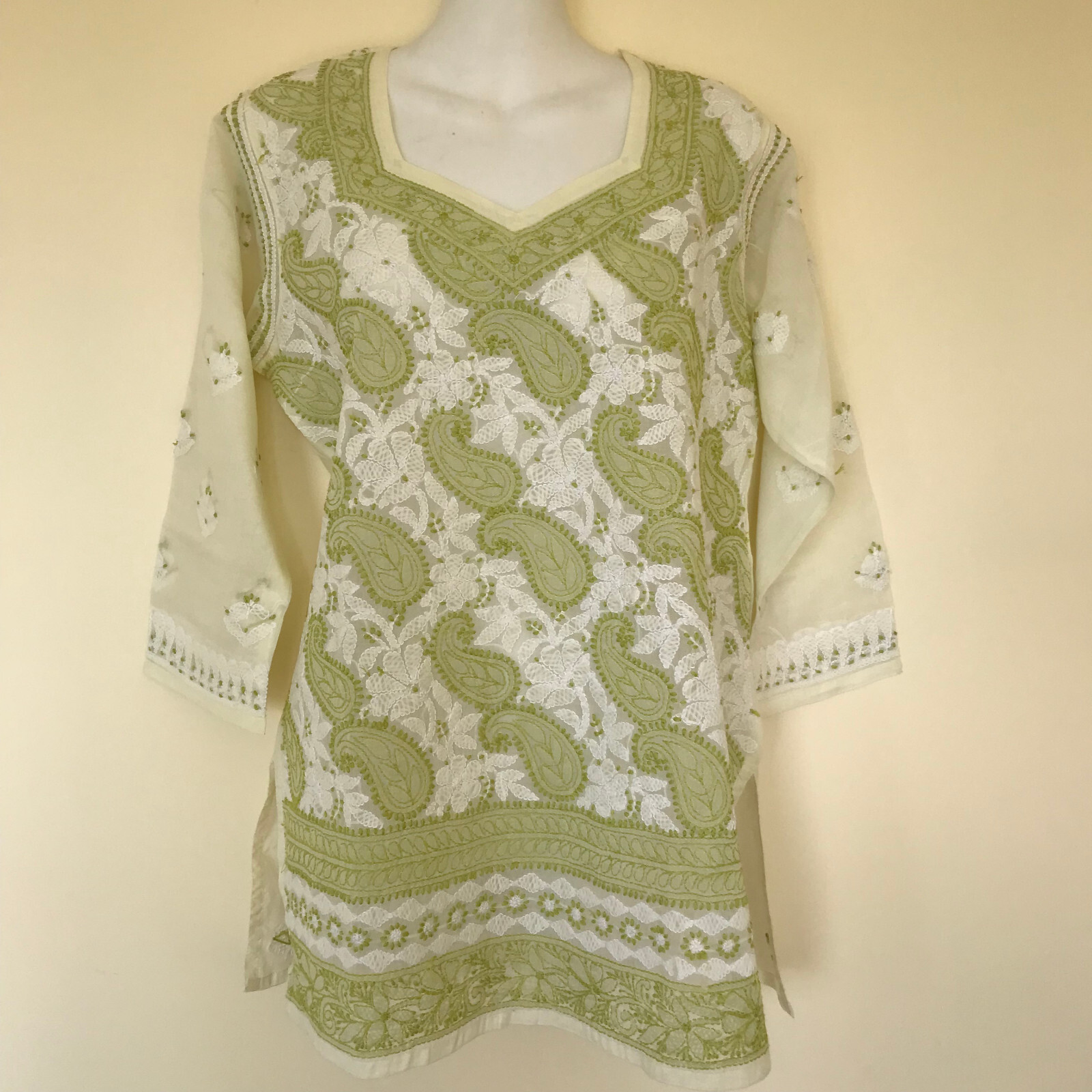 Dupatta House Embroidered Kurti Tunic Top Green Paisley Cotton NWT 40″ Bust