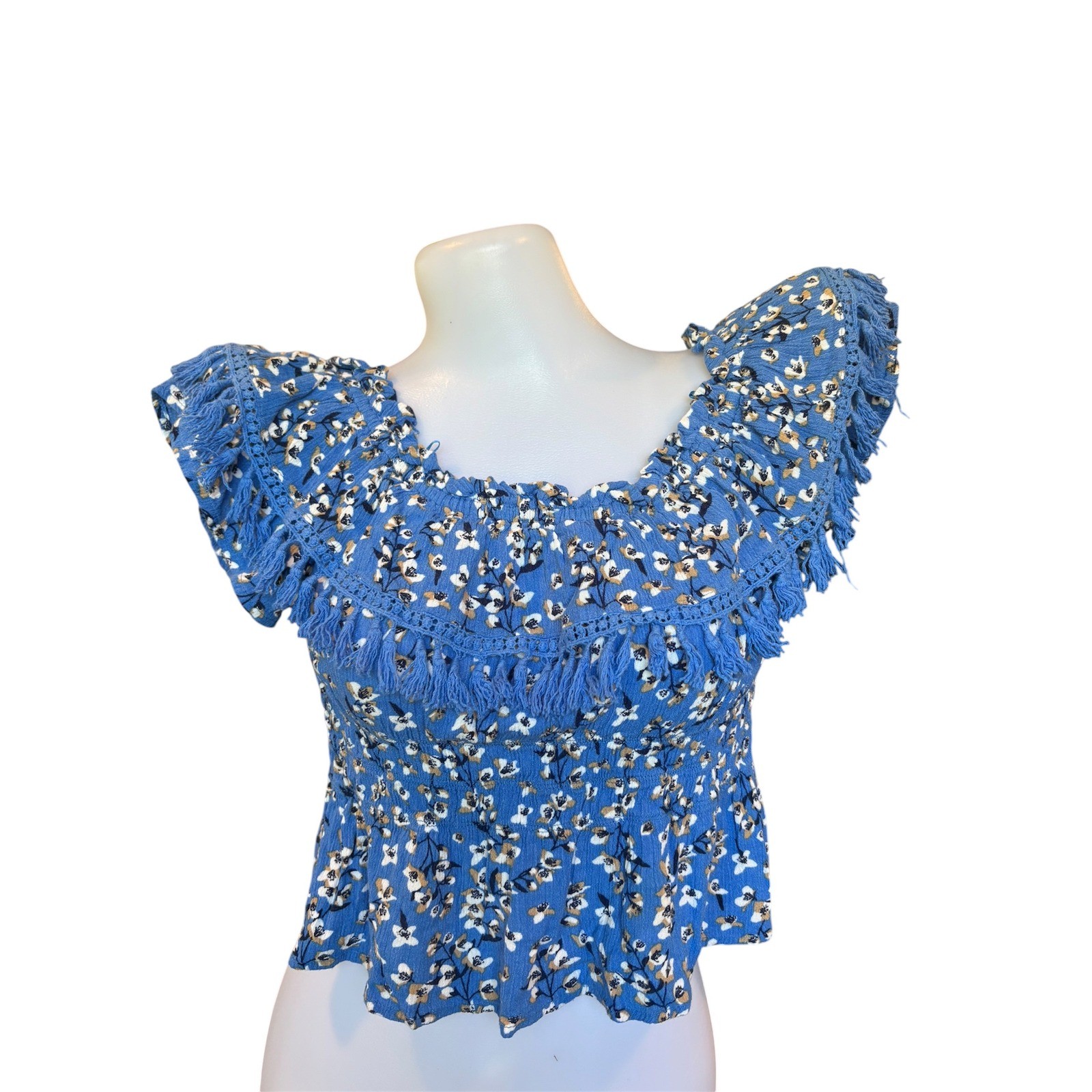 All in Favor Blue Floral Smocked Fringe Crop Top Boho Off Shoulder IT1697-001 S