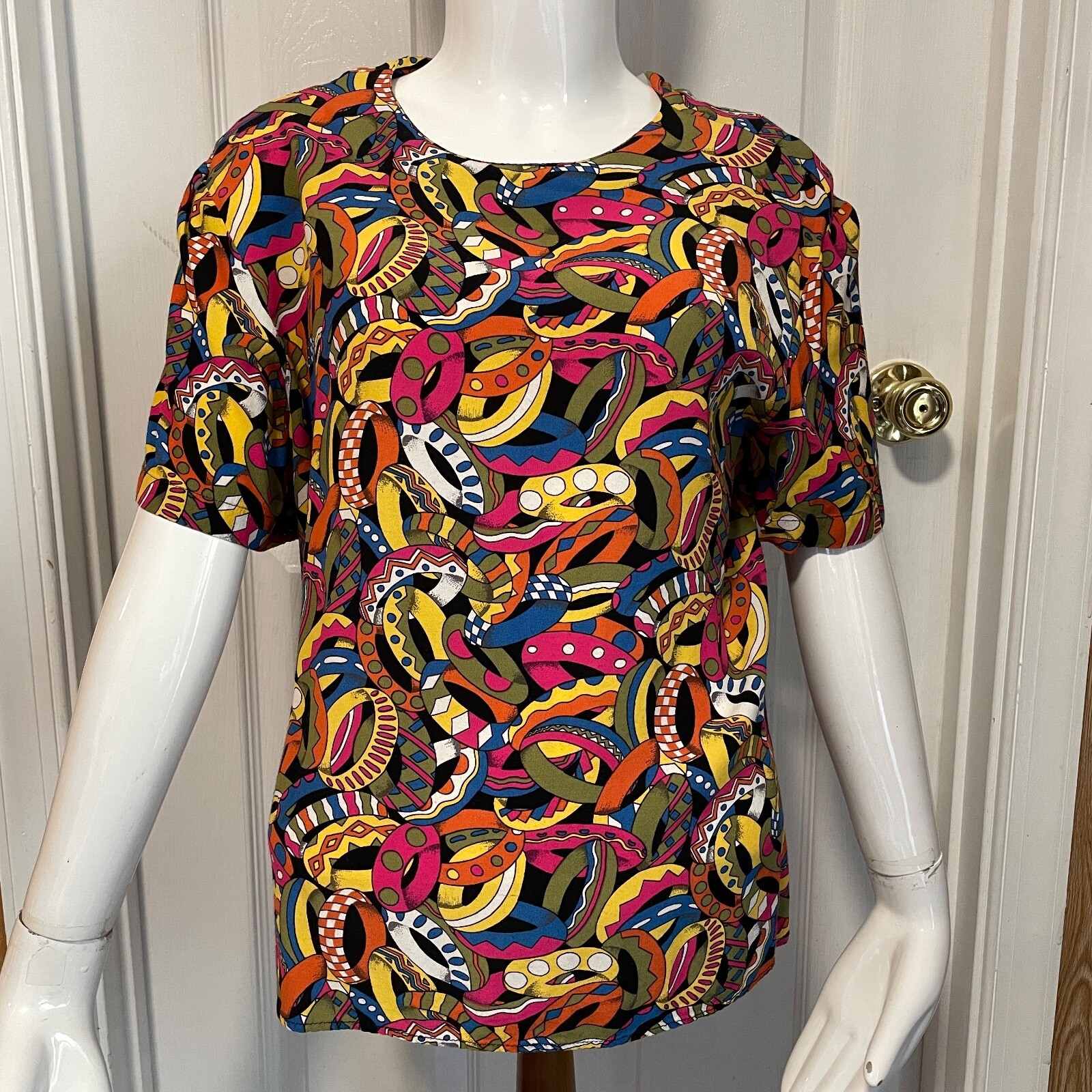 VTG 80s 90s Rayon Blouse Shirt Women 12 Crazy Print Colorful Rings Short Sleeve