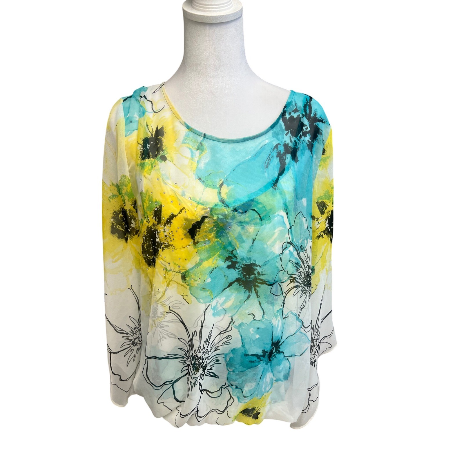 Alfani Floral Blouse Sz PM Yellow Turquoise Rhinestone Chiffon Whimsigoth Boho