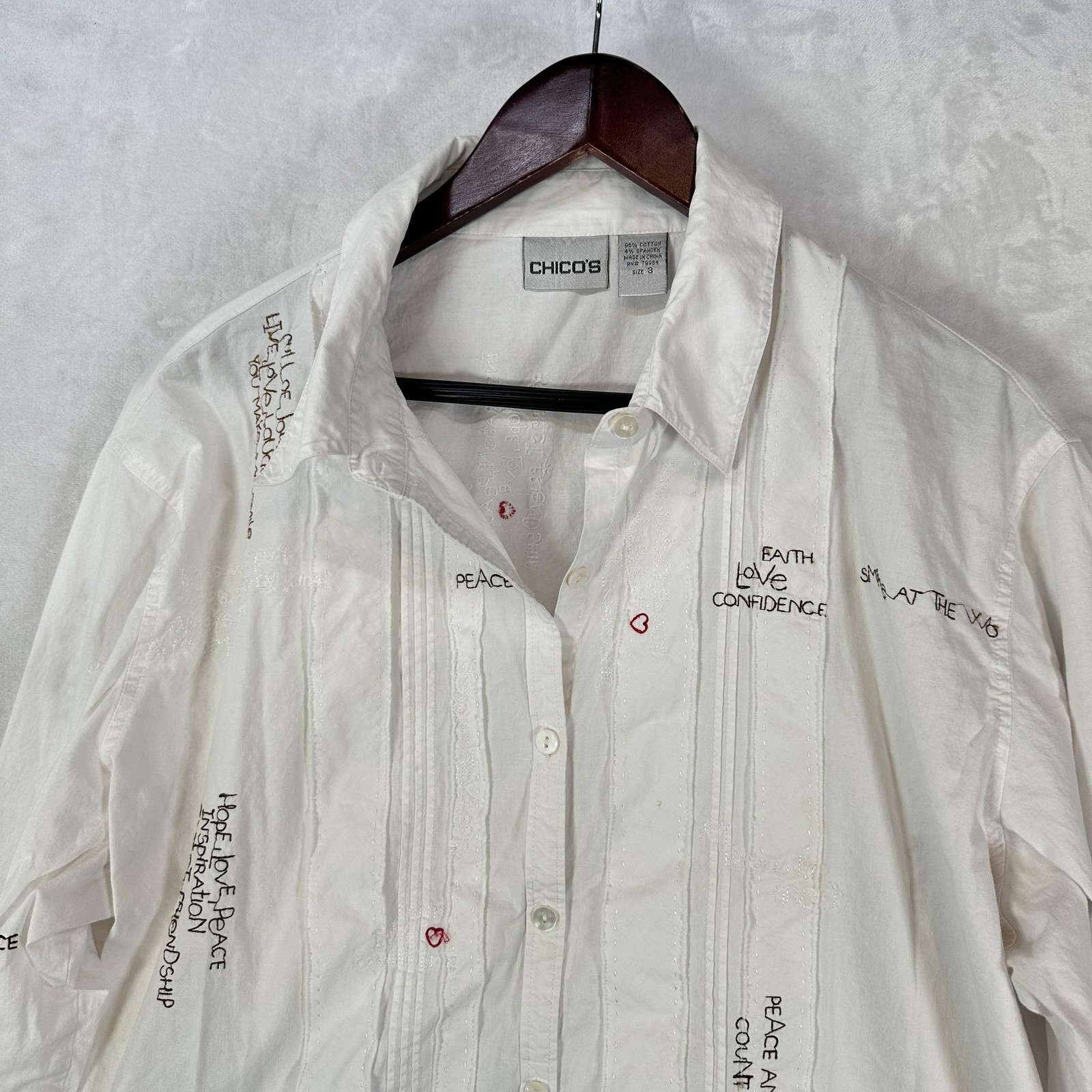 Chicos Shirt Womens 3 (XL) White Embroidered Script Peace Harmony Smile Joy