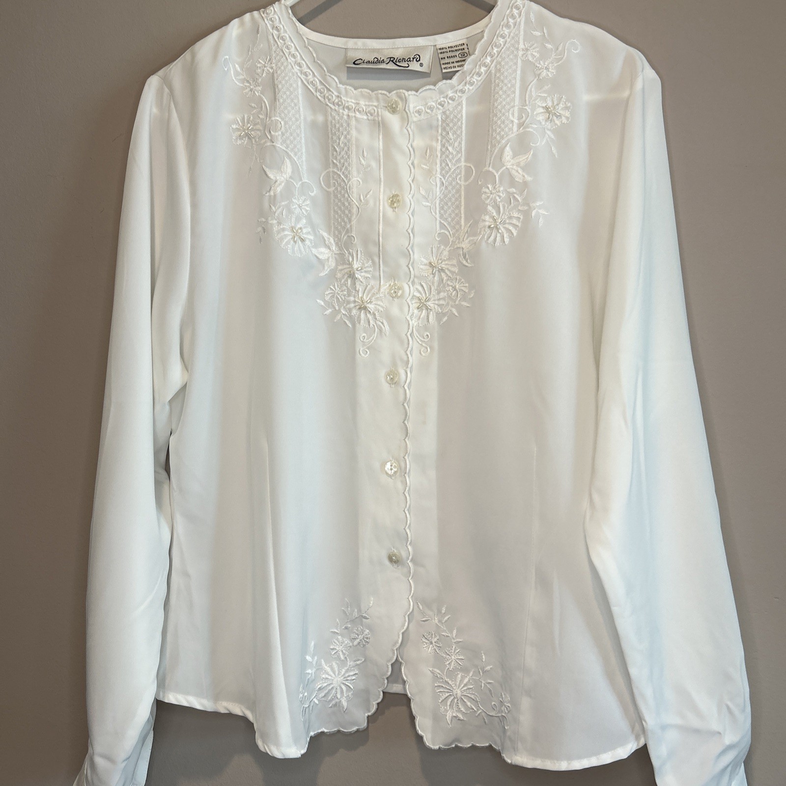 Claudia Richard Size 12 White Dressy Long Slv Embroidered Pearls