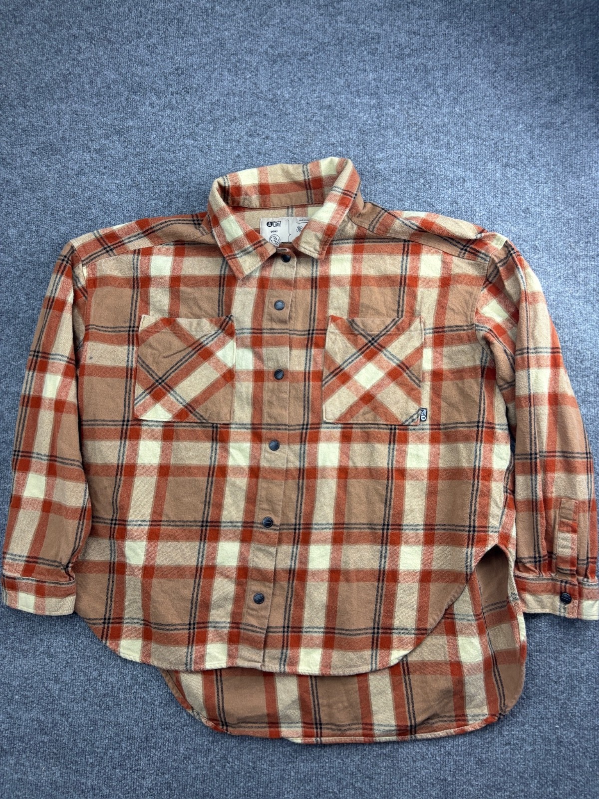 Picture Organic Flannel Shirt Women’s XL Brown Red Long Sleeve Button Round Hem
