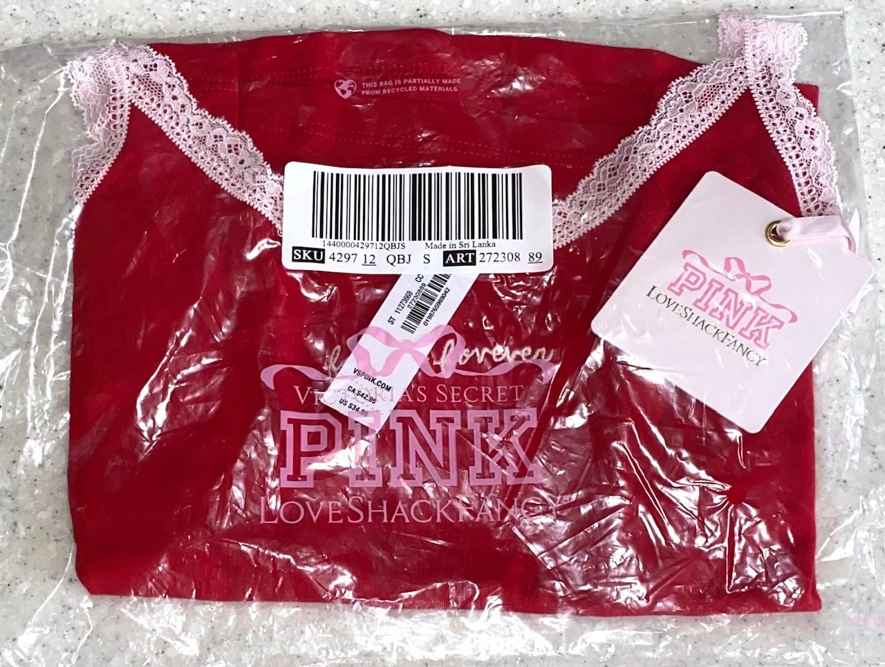 NWT VICTORIA’S SECRET PINK x LOVESHACKFANCY Straps Cotton Cami Lipstick Red S