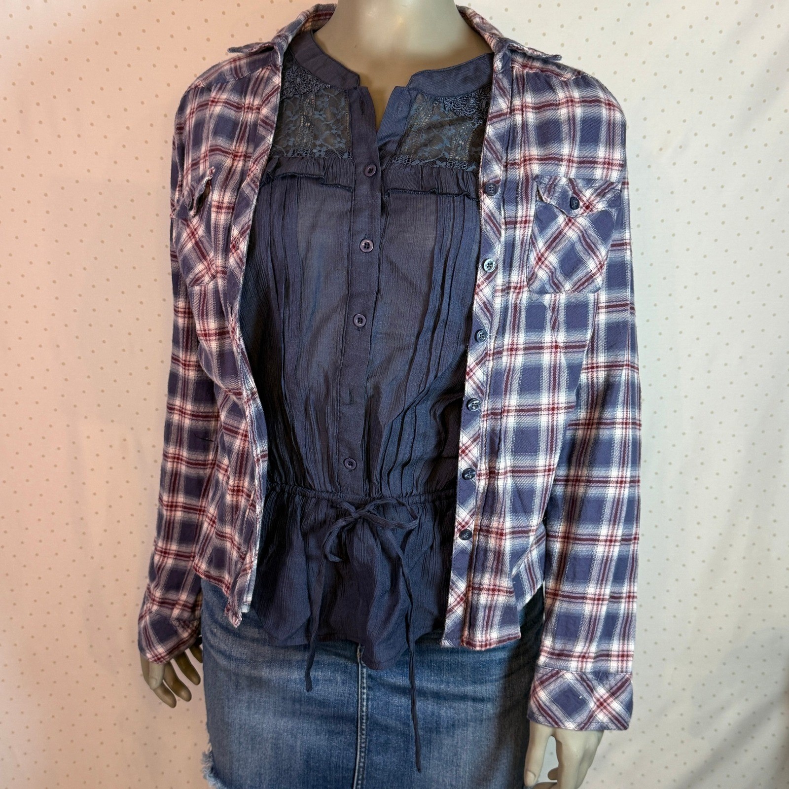 Rare 2009 Plaid Flannel Shirt Blue Burgundy Button Up Bella Swan Style Size