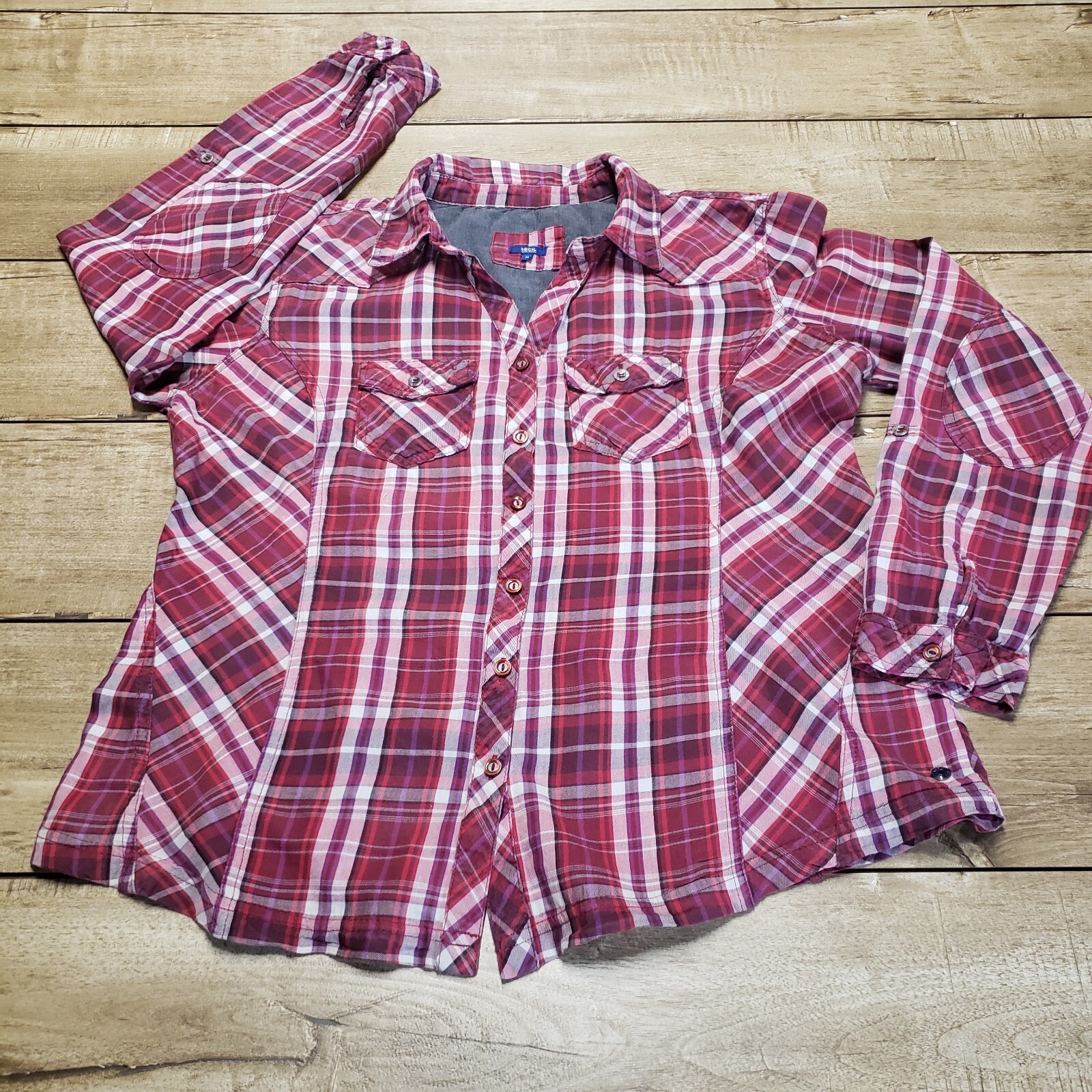 CECIL Shirt Womens Medium Red Plaid Long Sleeve Button Up Western Roper Top