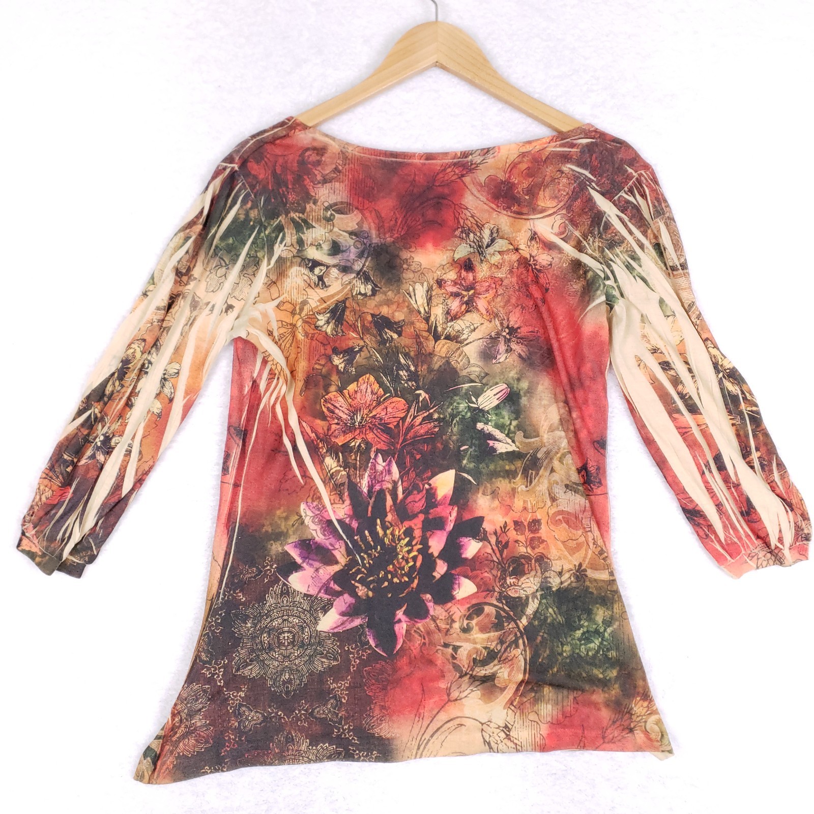 Boho Artistic Print Tunic Top Medium Floral Surreal Y2K Earthcore Festival