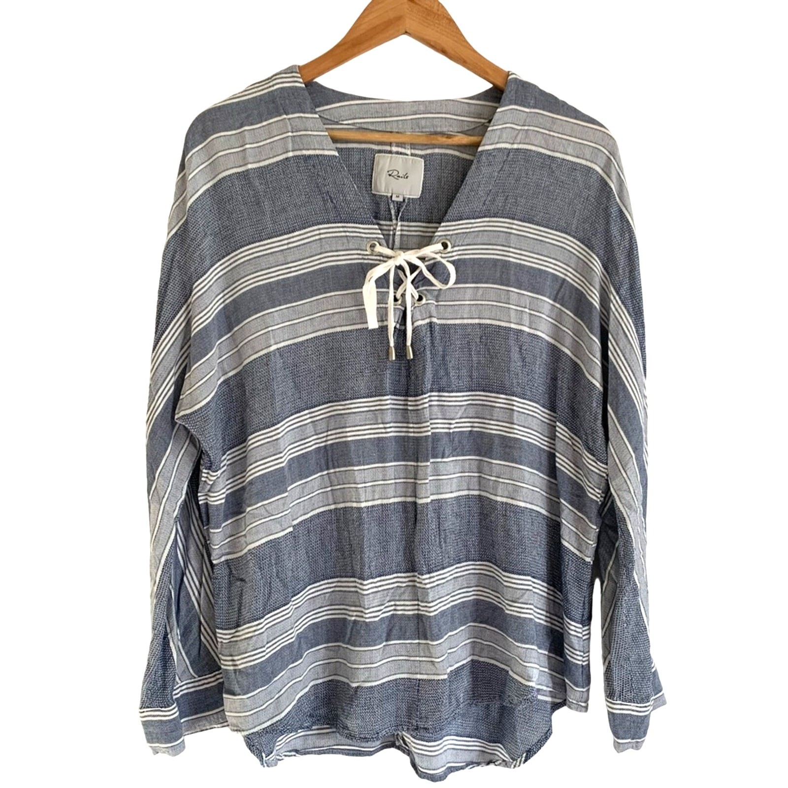 RAILS Lily Lace Up Long Sleeve Linen Blend Top Athens Stripe Blue White Medium