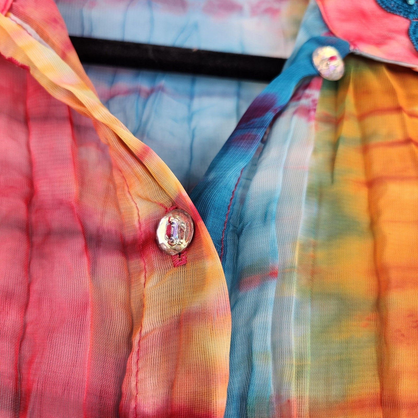 VTG Love Amour Tie Dye Sheer Button Down Blouse Art to Wear Women’s Large