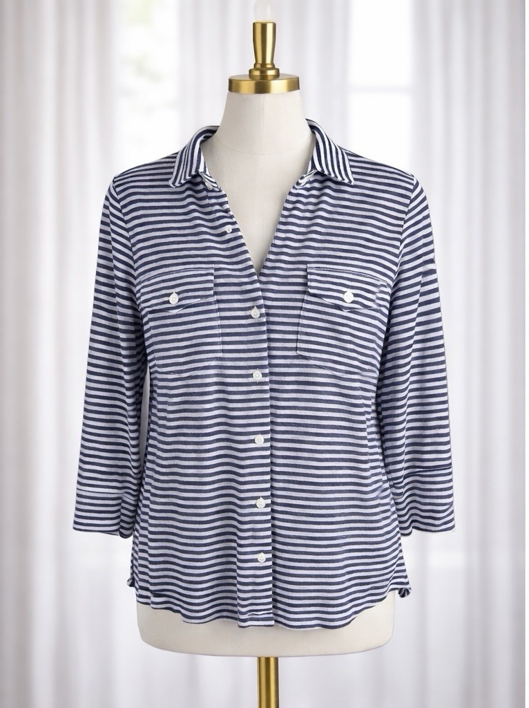 J.McLaughlin Linen Stretch Striped Button Down Shirt Luxe Coastal Navy White XS