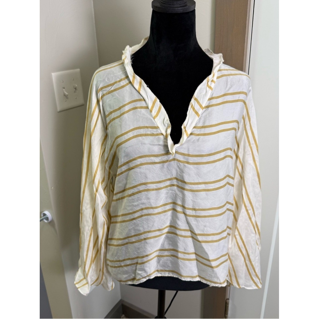 Anthro Guapa Made in India 100% Cupro “Vegan Silk” Blouse Yellow White Stripe