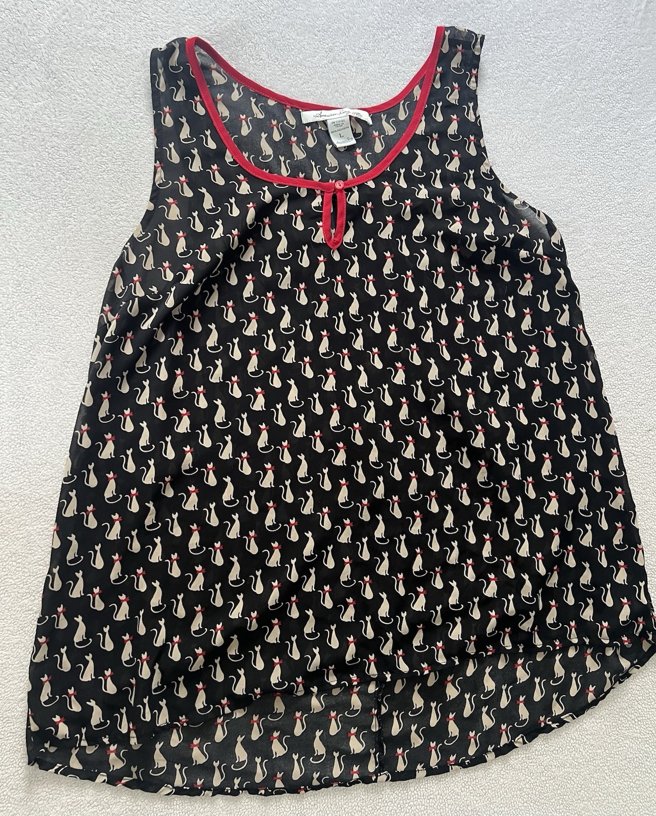 American Rag Cie Large Novelty Cat Print Tank Top Sheer Black Cream Red Tunic