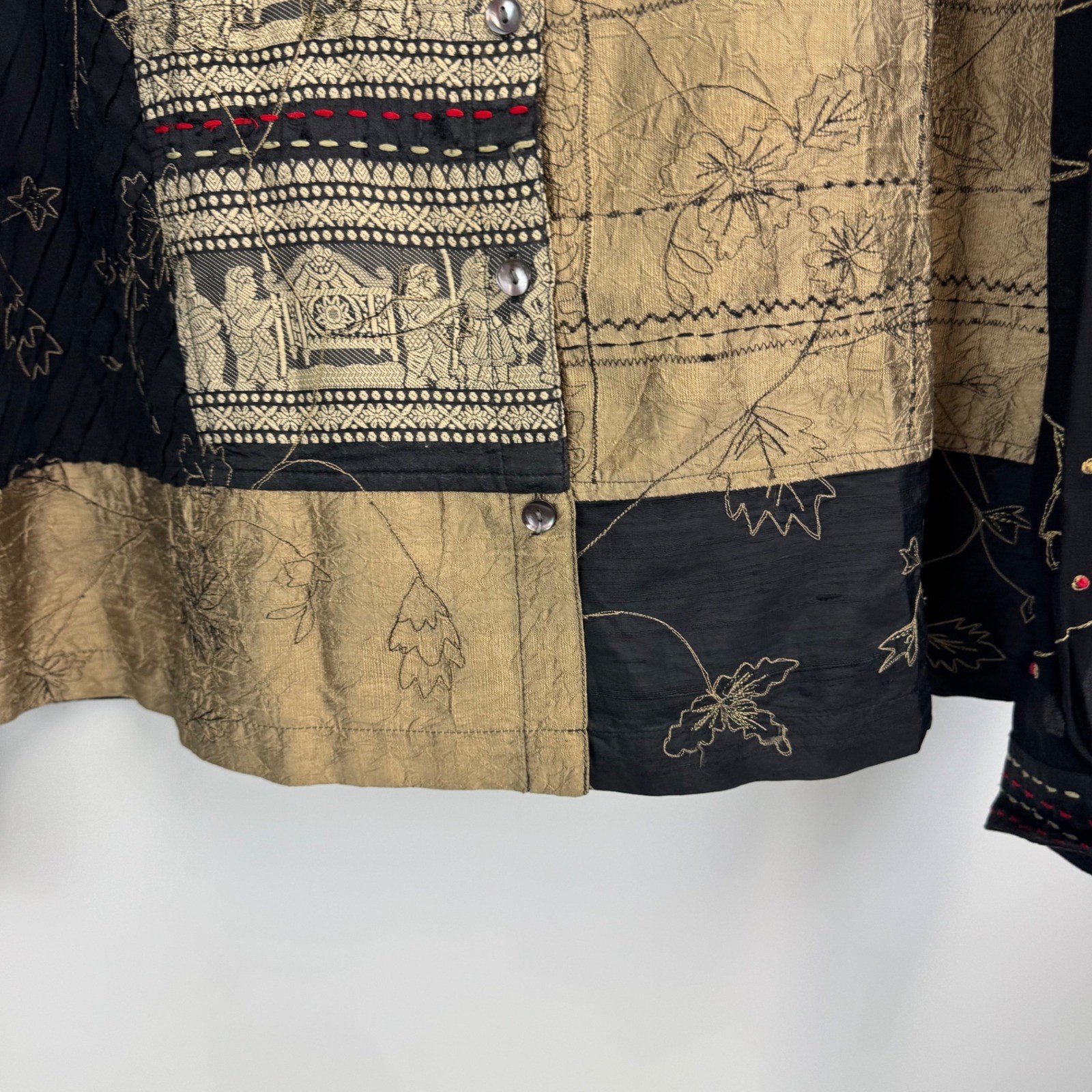 Chicos Silk Blend Patchwork Embroidered Button Front Blouse Gold Black Size 3