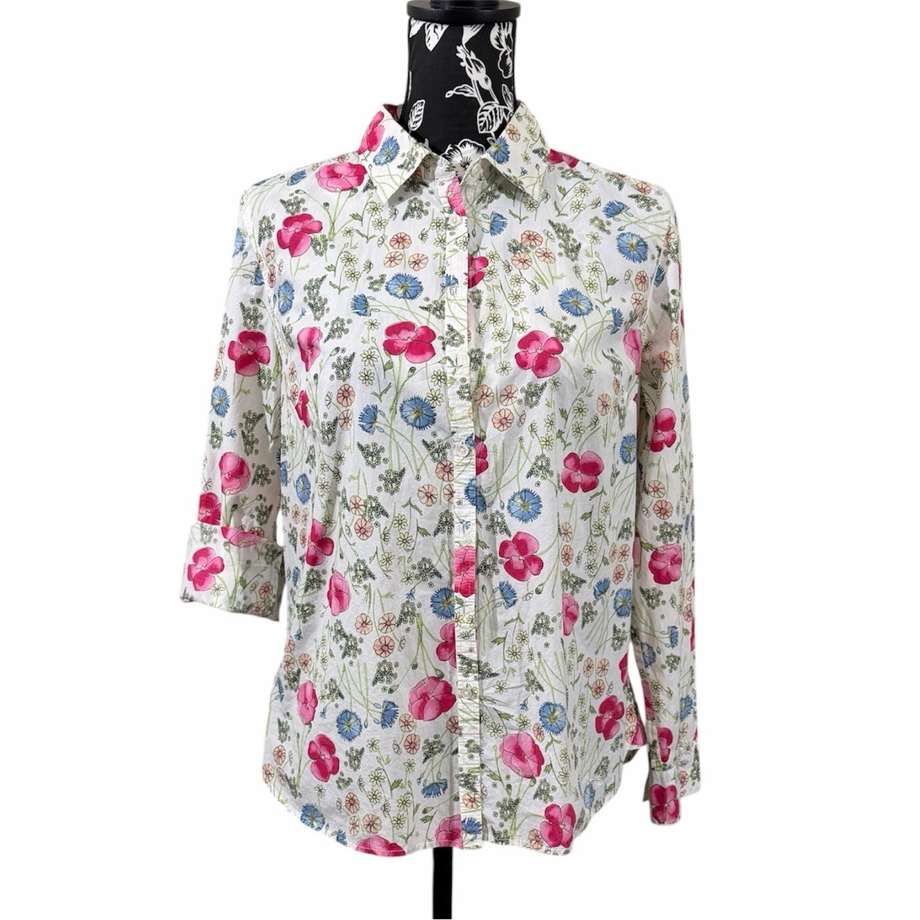 Talbots White Button-Down Shirt with Pink & Blue Floral Print