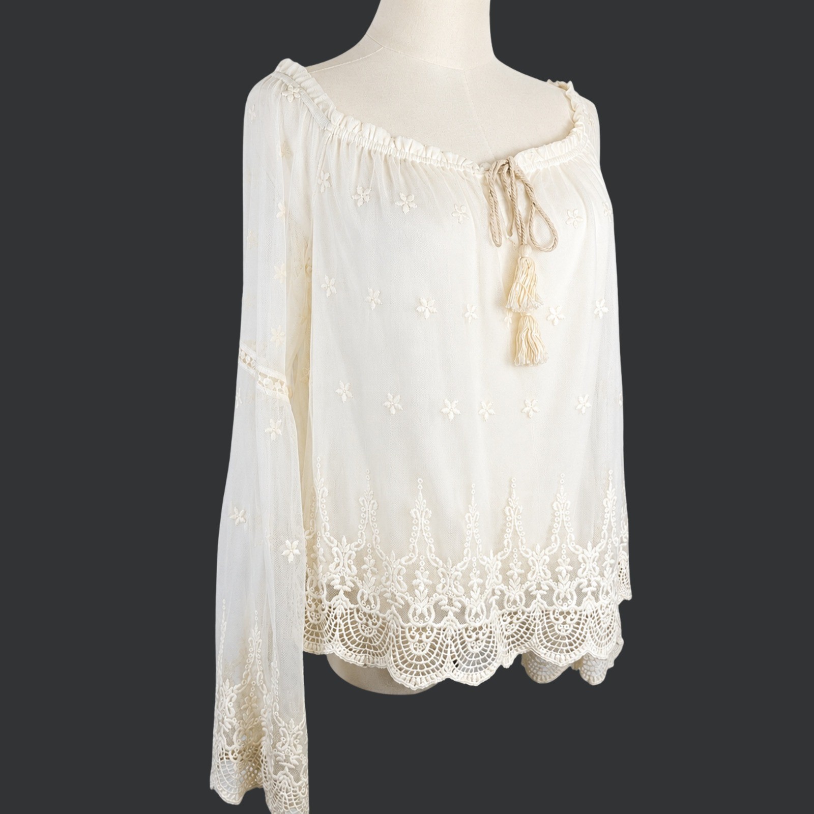 NWT American Rag Cie Lace Top Women L Oatmeal Mesh Scalloped Hem Boho Coquette
