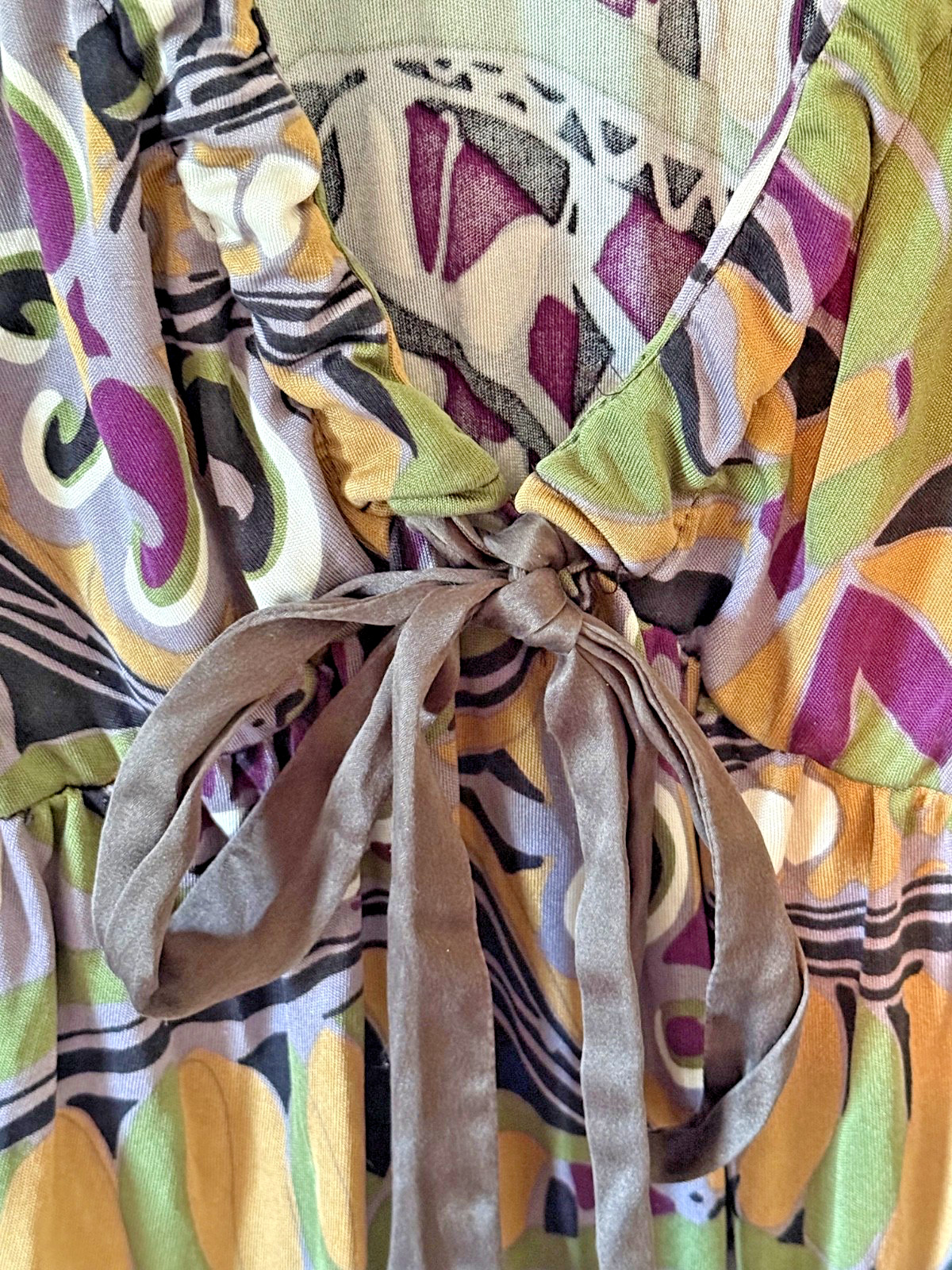 Hale Bob Green Multicolor V-Neck Long Sleeve Silk Tunic, Size S