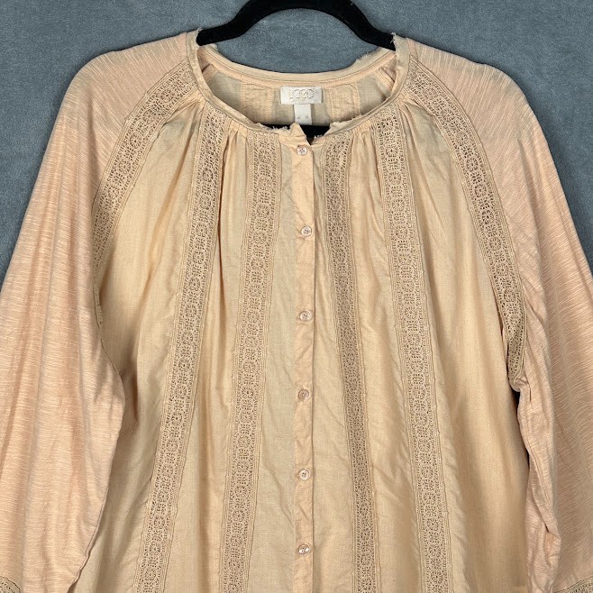 LOGO Lori Goldstein Top Womens Extra Large Pink Button Crochet Lace Resort Boho
