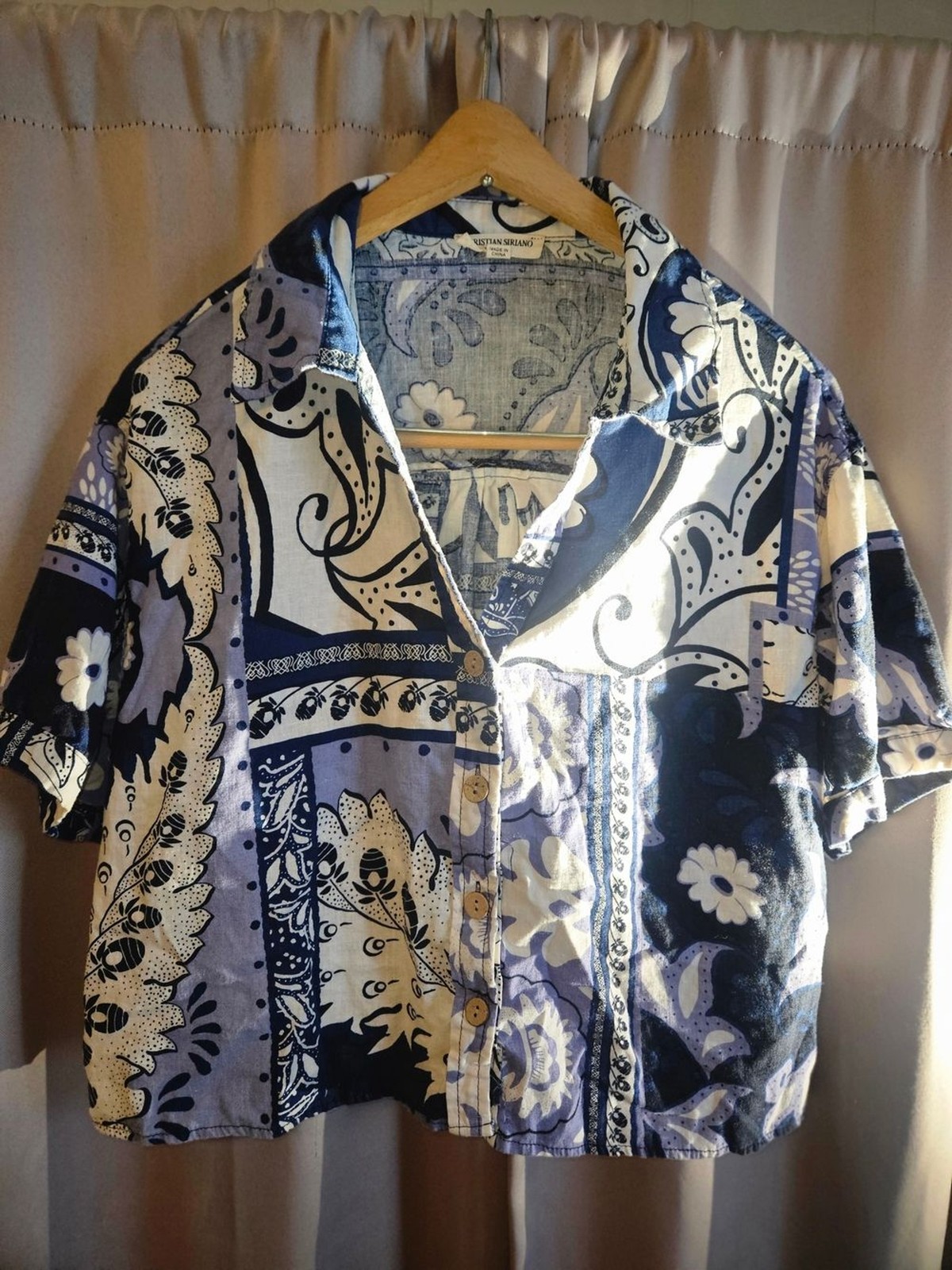 Christian Siriano Navy and White Printed Linen Blend Short-Sleeve Button Shirt