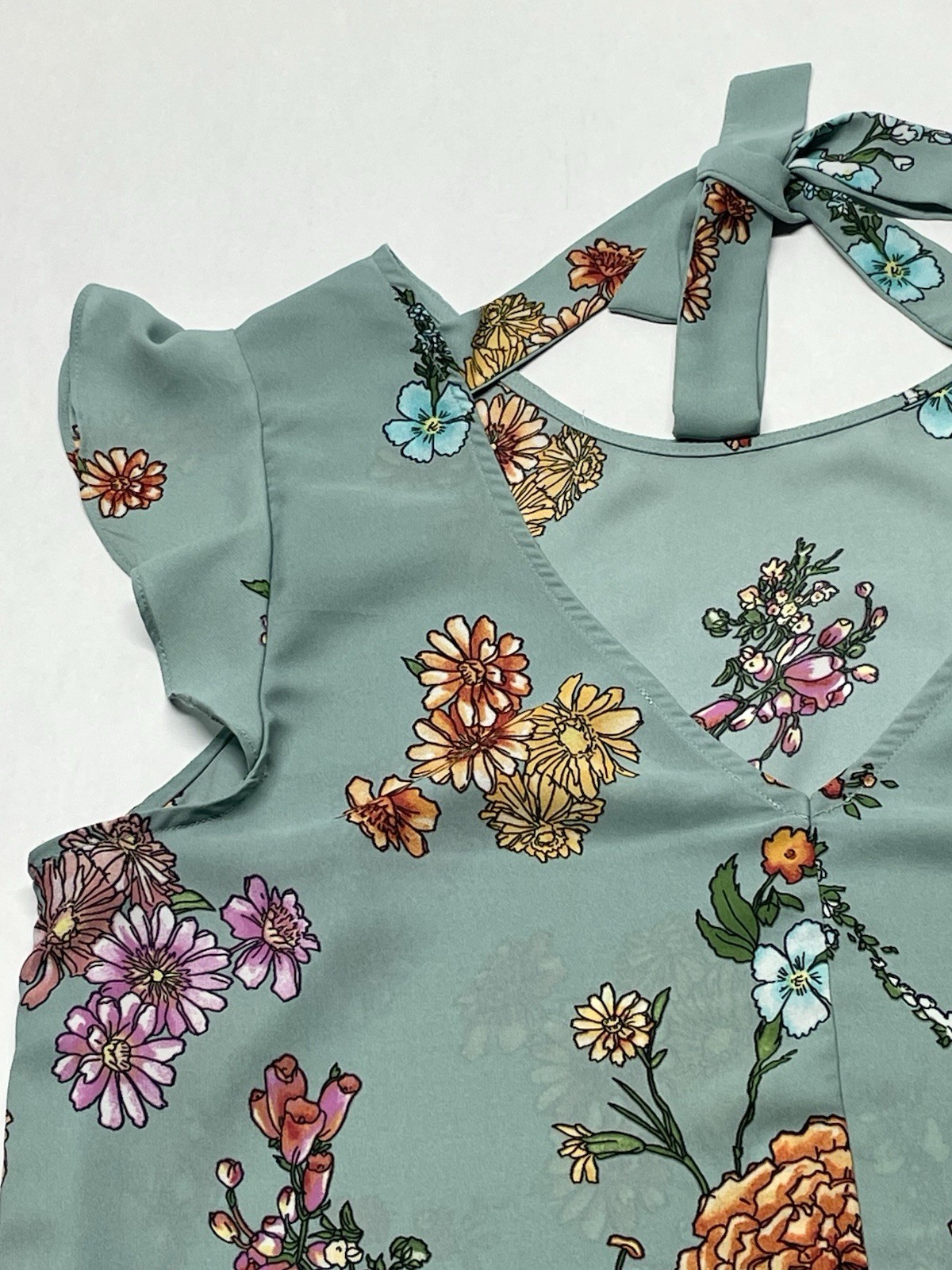 Blue Wildflower Floral Flutter Sleeve Tie Back Blouse XL Boho Cottagecore Dainty