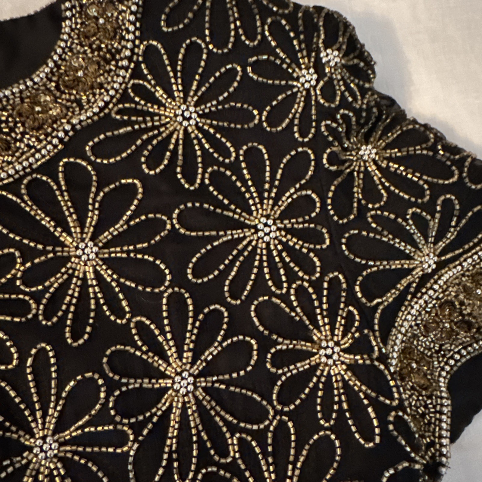 Laurence Kazar Vintage Beaded Silk Top Small Black Gold Sequin Evening Party