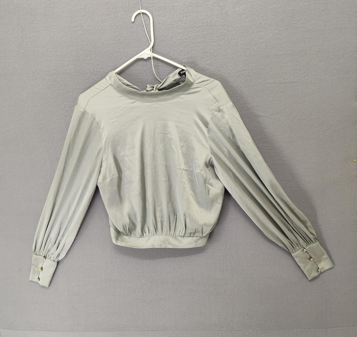Express Blouse Womens Small Green Long Sleeve Back Tie Open Back Dressy Top