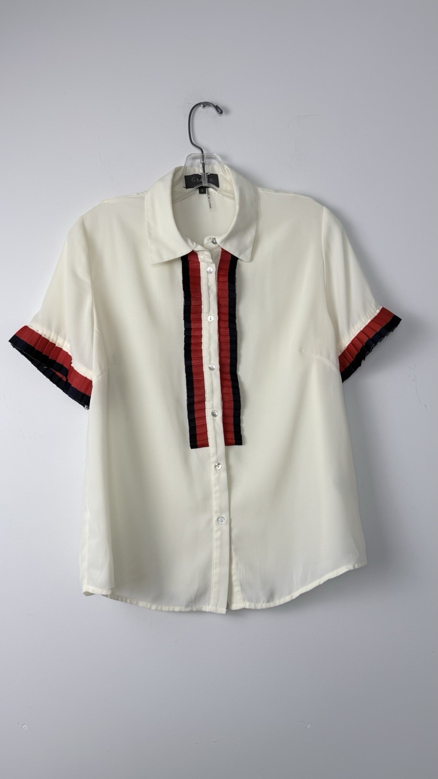Gracia Blouse Size L Top Cream Pleated Ribbon Trim Blue Red