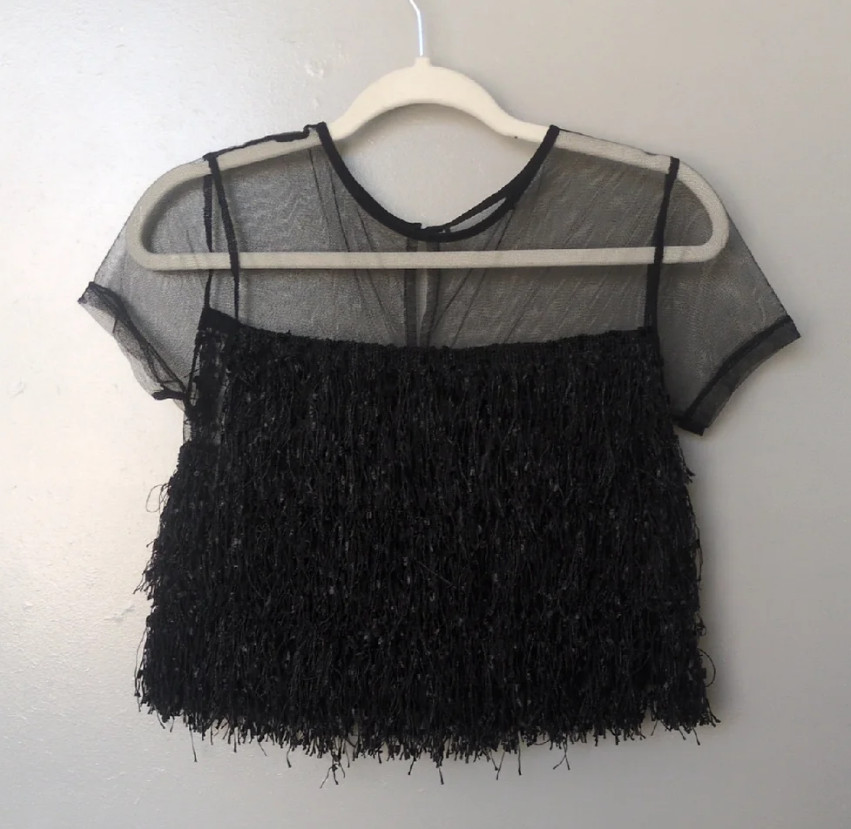 ZARA Fringe Mesh Elegant Black Sheer Top XS/S