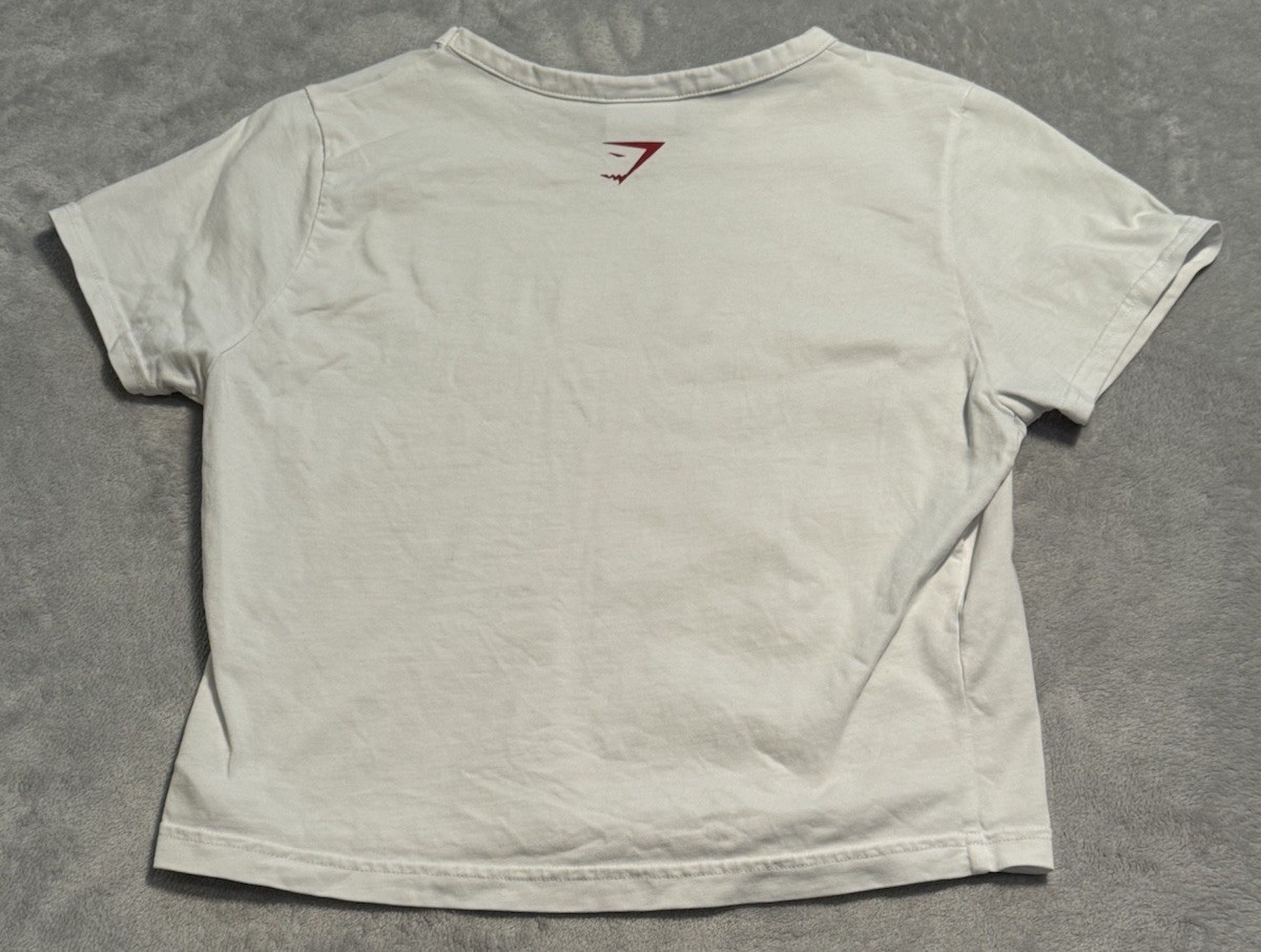 Medium Gymshark Shirt White Graphic Cropped Crew Neck Pullover Barbell Cherry