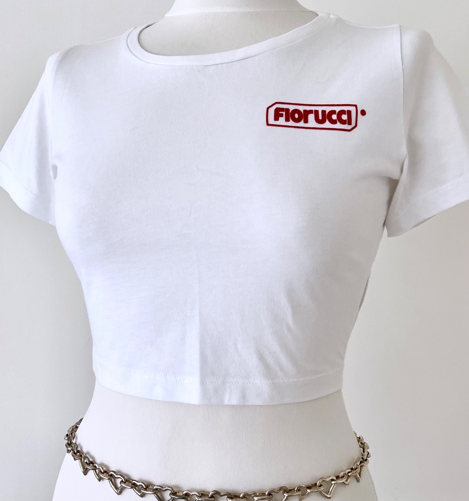 Fiorucci Size L Cropped White Short Sleeve Baby Tee T-Shirt Italian Designer