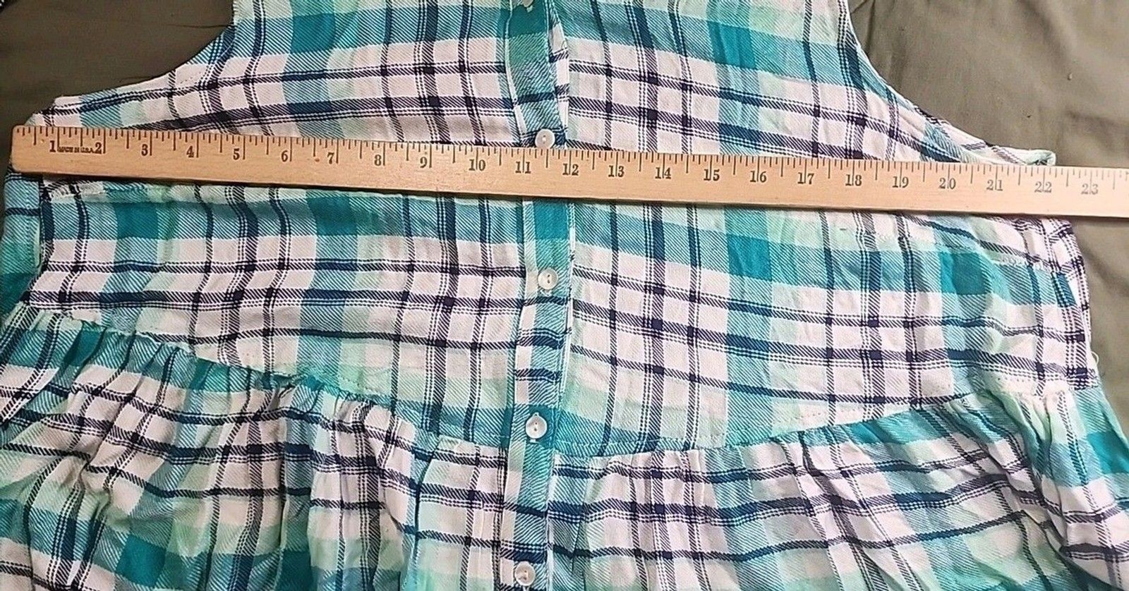 Red Camel Women’s XL Sleeveless Plaid Button Front Peplum Top Teal White