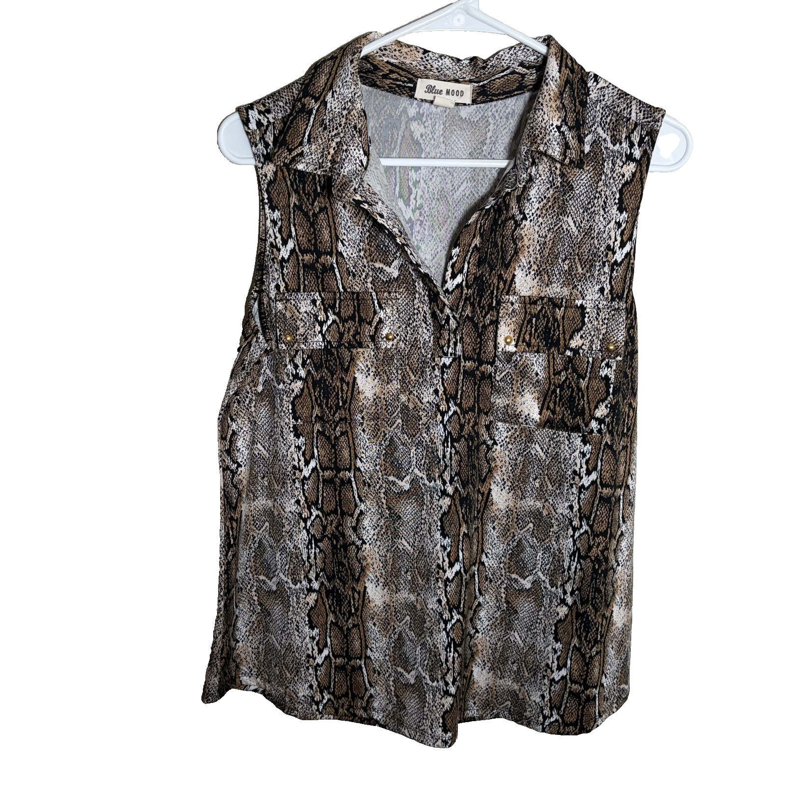 Blue Mood Tank Top Women’s Medium Snake Print Brown Collared Pocket Shirt