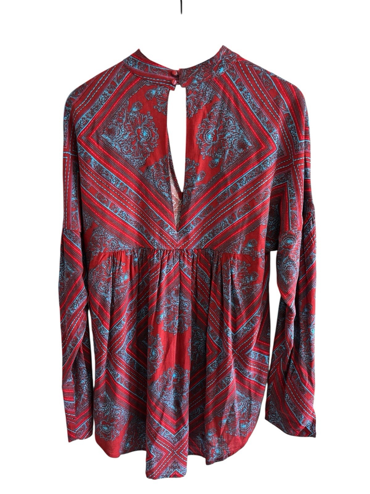 Free People Walking On A Dream Tunic Top Women’s S Red Blue Keyhole Aztec Boho