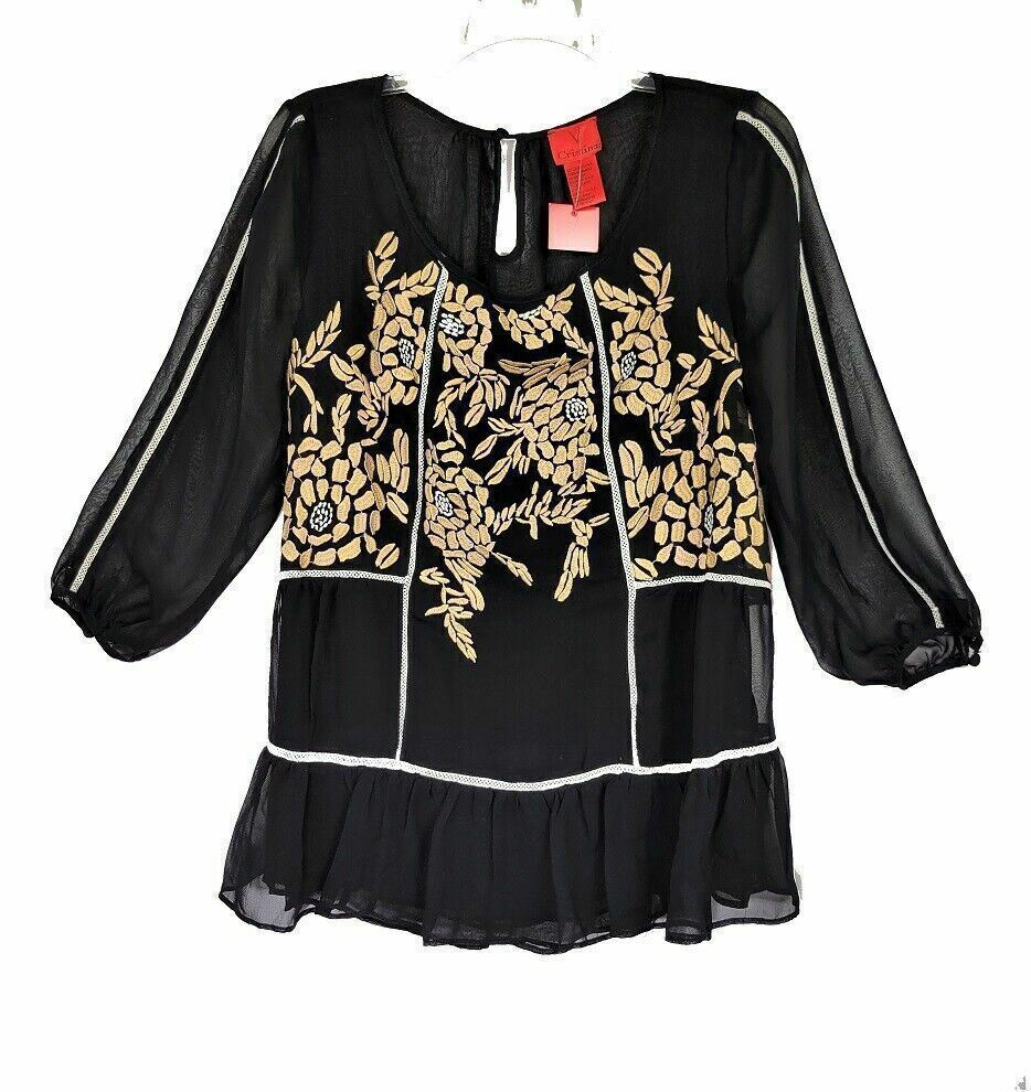 V Cristina women’s black sheer embroidered tunic top, size M