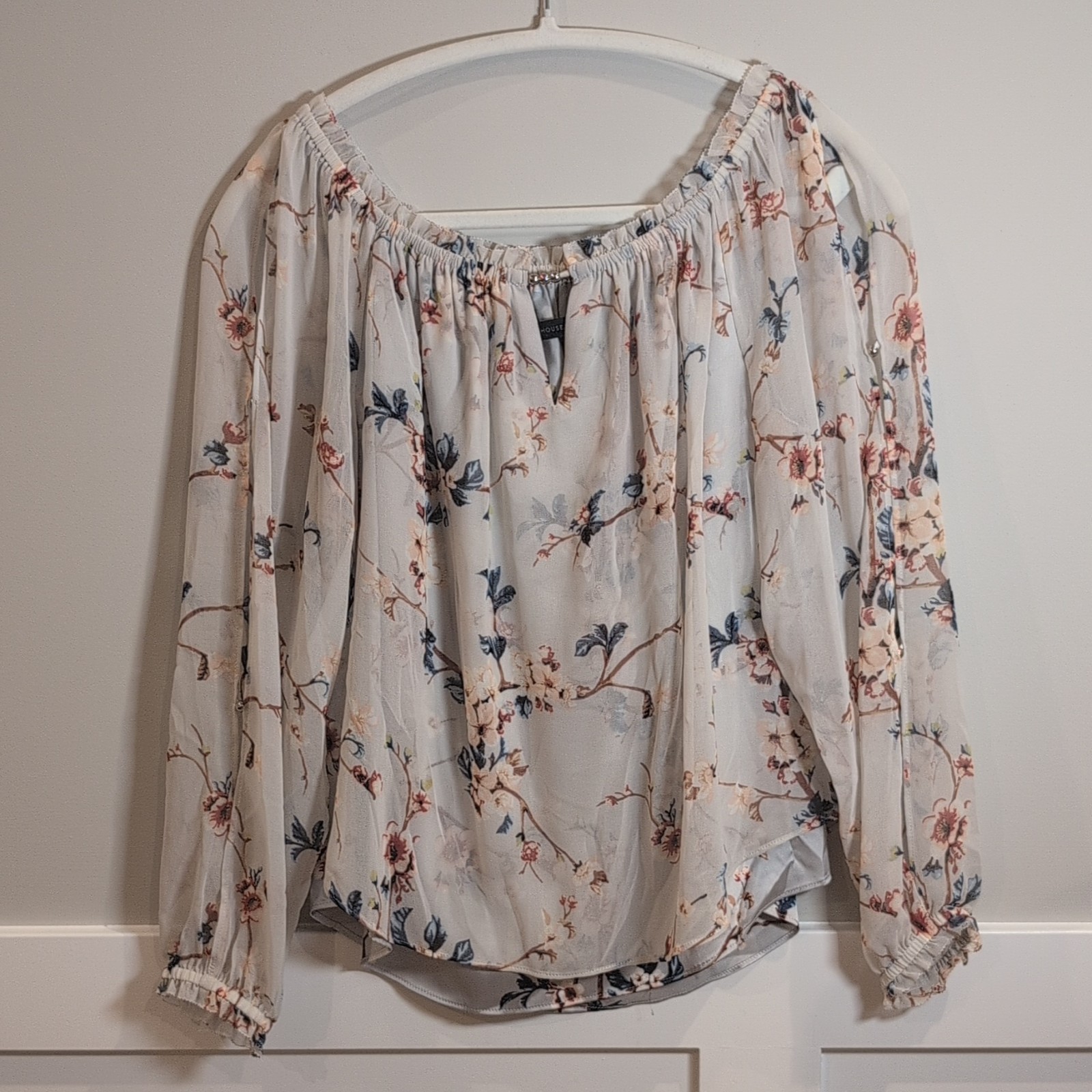 White House Black Market Petite SP Floral Chiffon Off-Shoulder Blouse Beaded