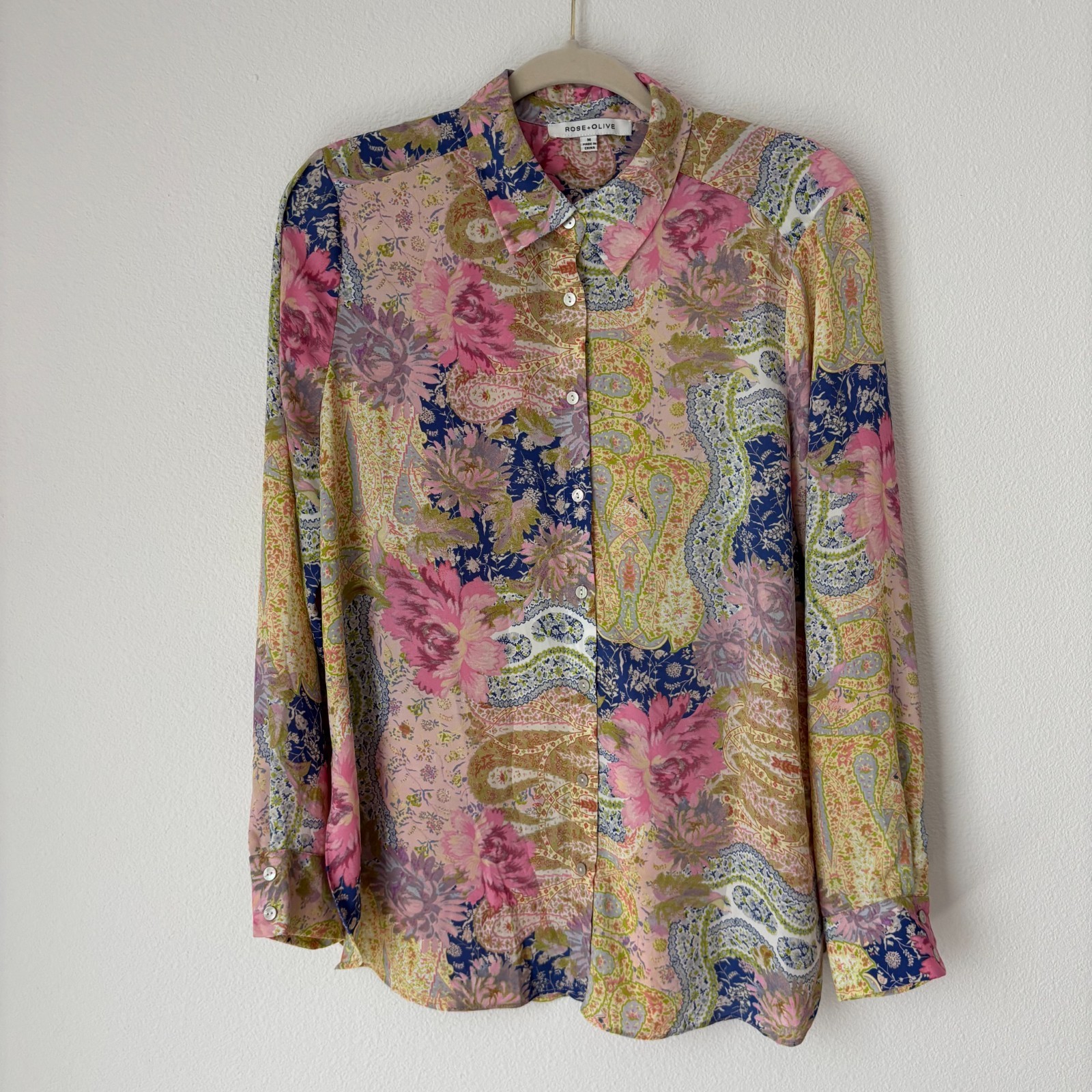 Rose & Olive Top Women’s Medium Pink Yellow Blue Floral Paisley Blouse Romantic