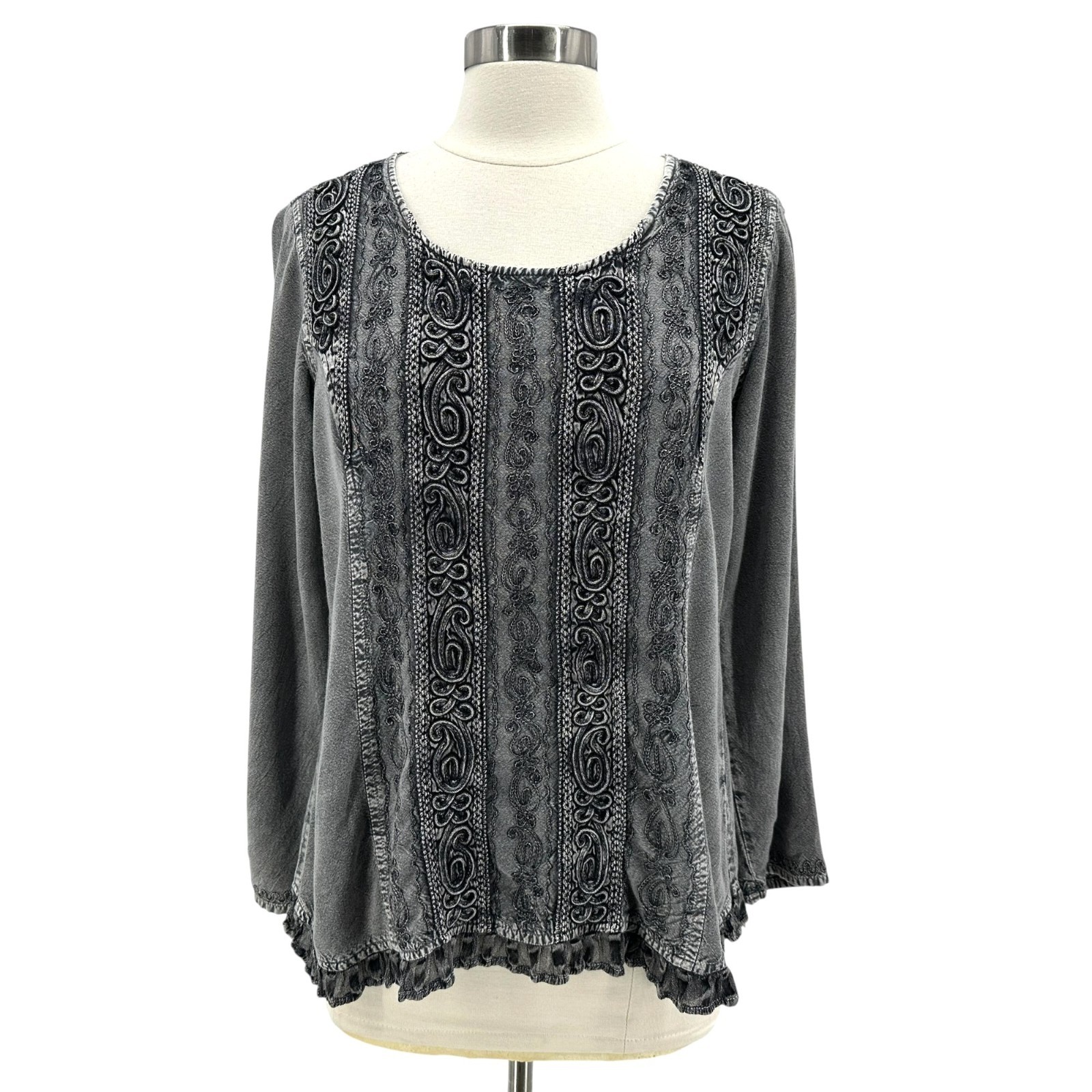 Parsley & Sage Womens Medium Top Embroidered Gray Distressed Tunic Boho Hippie