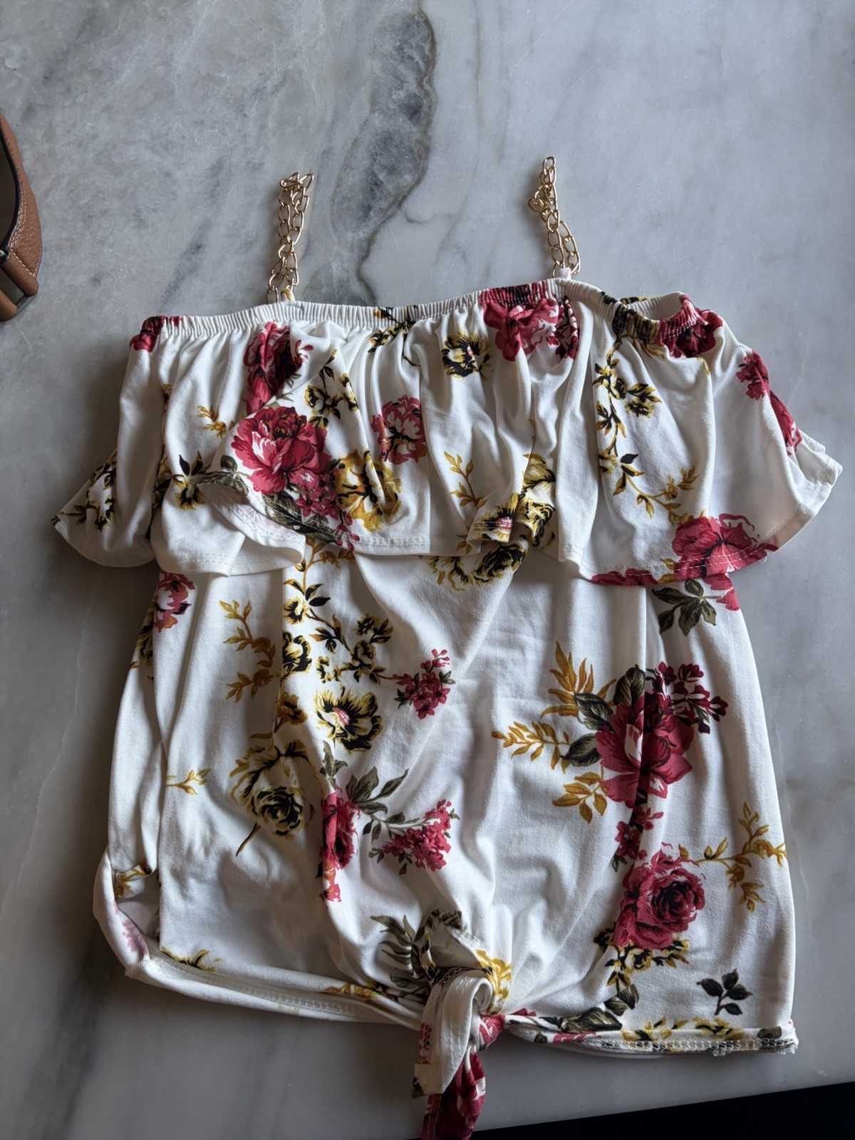Top Fashion of NY Women’s M Off Shoulder Floral Ruffle Chain Strap Knit Top