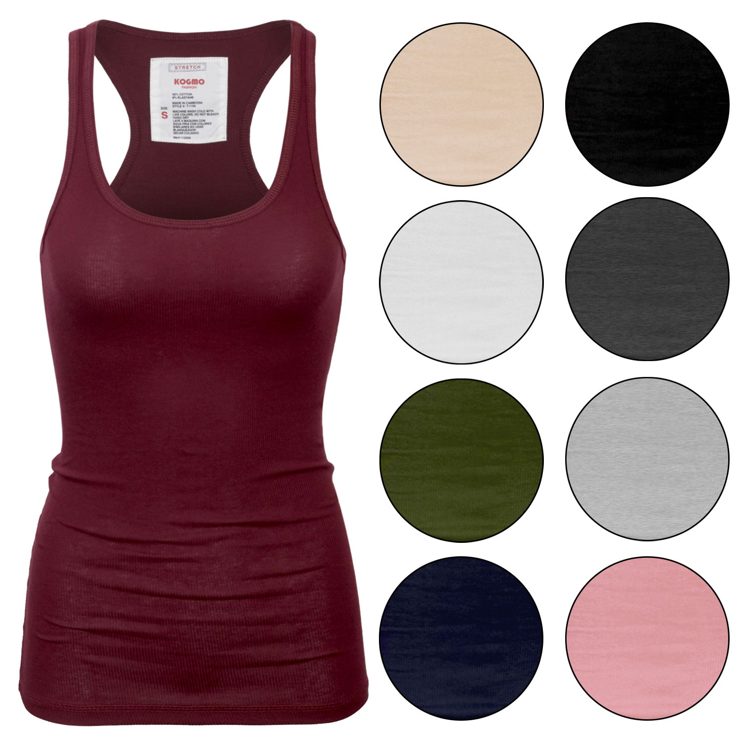 KOGMO Womens Basic Cotton Ribbed Knit Racerback Tank Top 1-Pack or 3-Pack (S-XL)