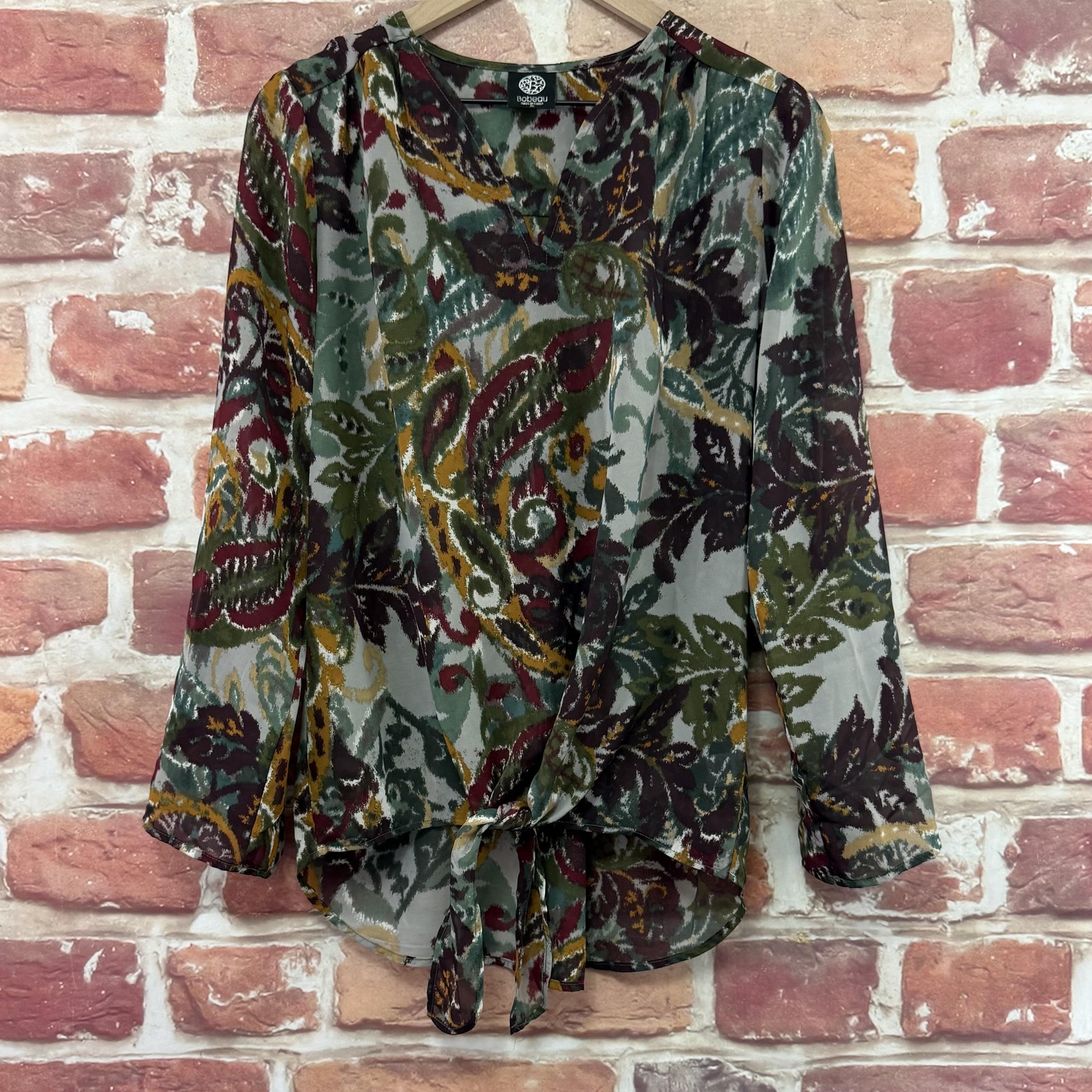 Bobeau Top Womens Medium Multicolor Boho Floral Tie Waist Sheer Casual Shirt