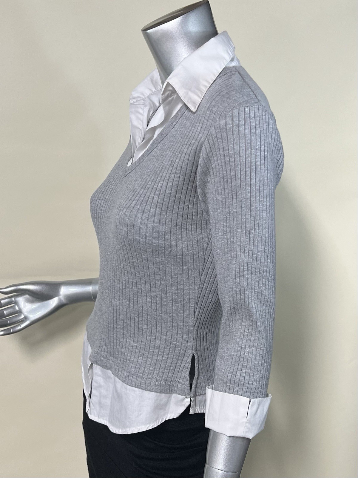 Route 66 Women’s Small Grey Ribbed Layer Look Collar Stretch Shirt 3/4 Sleeves